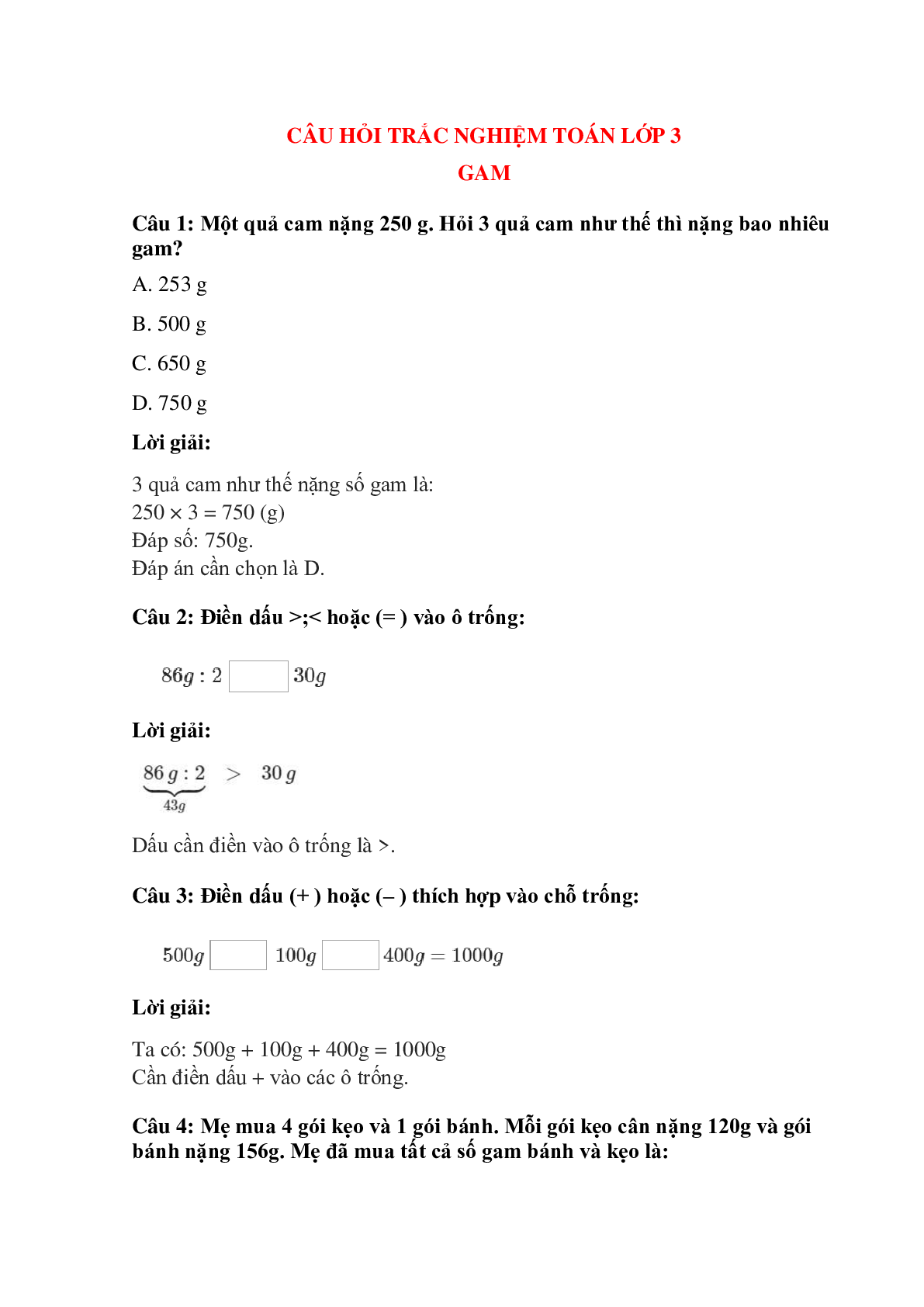 Trắc nghiệm Gam có đáp án – Toán lớp 3 (trang 1)