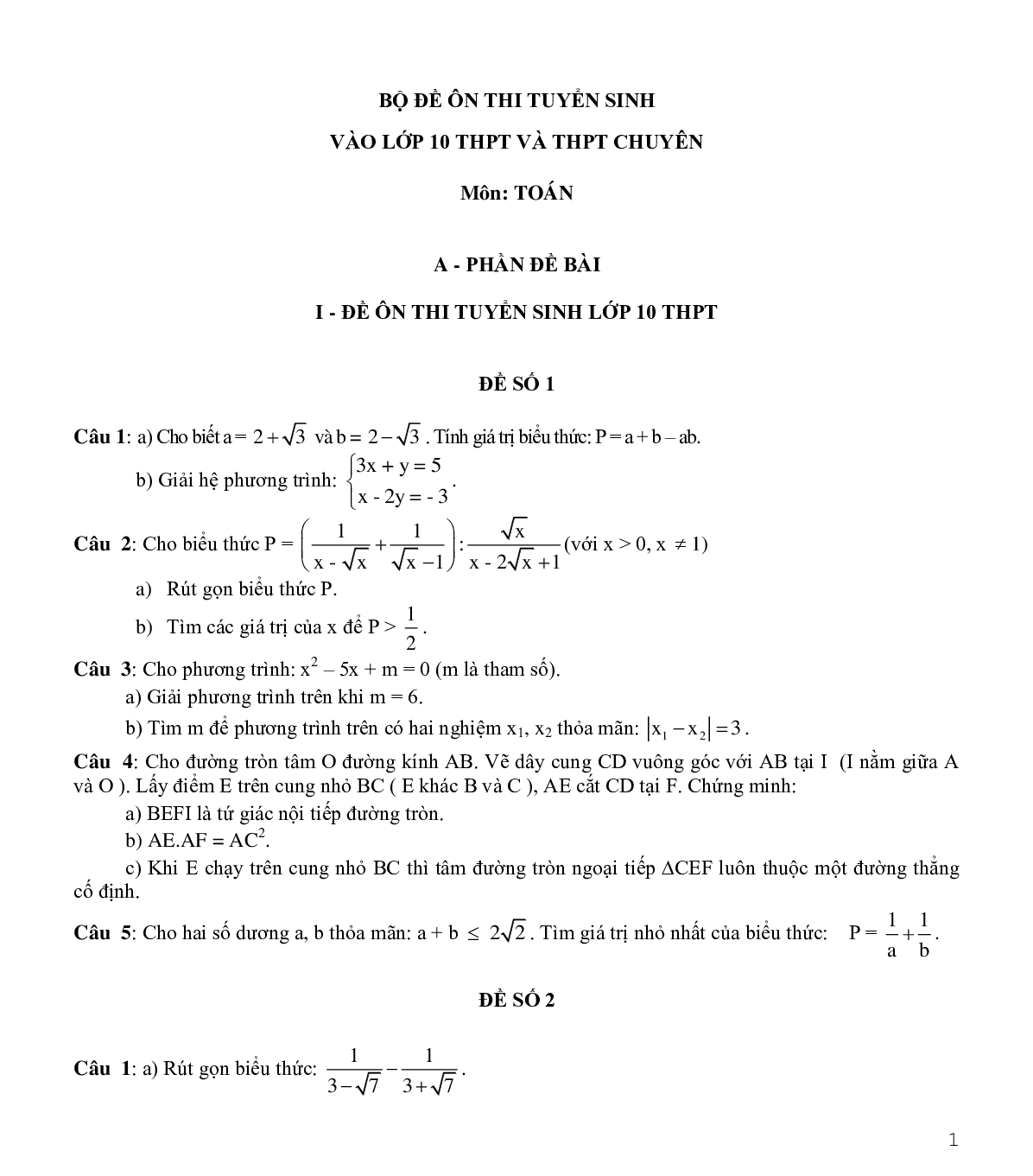 Tuyển tập đề thi toán vào 10 (trang 1)