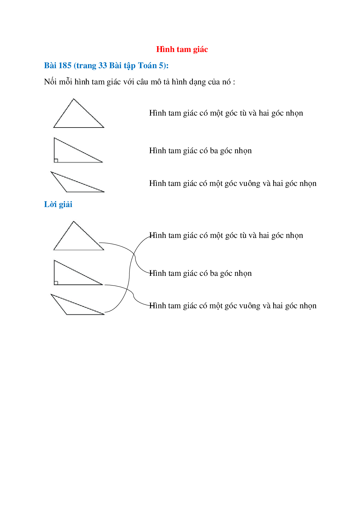 Nối mỗi hình tam giác với câu mô tả hình dạng của nó (trang 1)