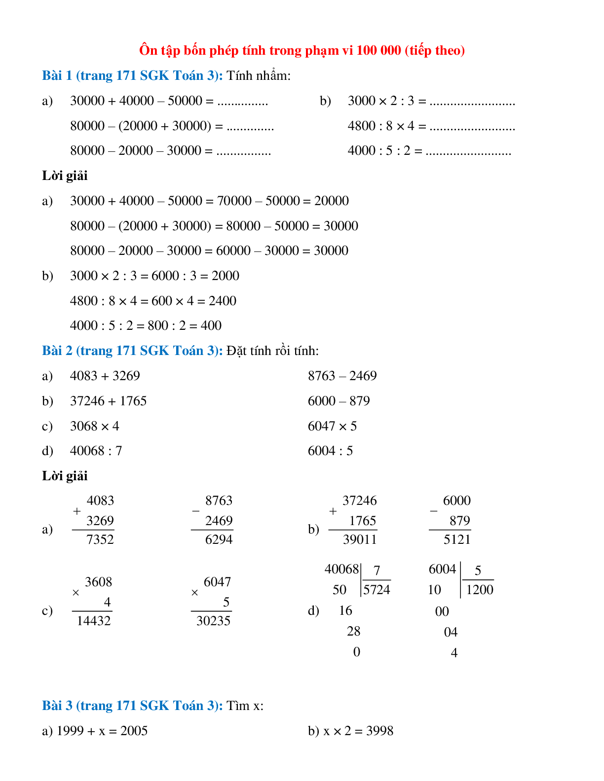 Toán lớp 3 trang 171 Ôn tập bốn phép tính trong phạm vi 100 000 (tiếp theo) (trang 1)
