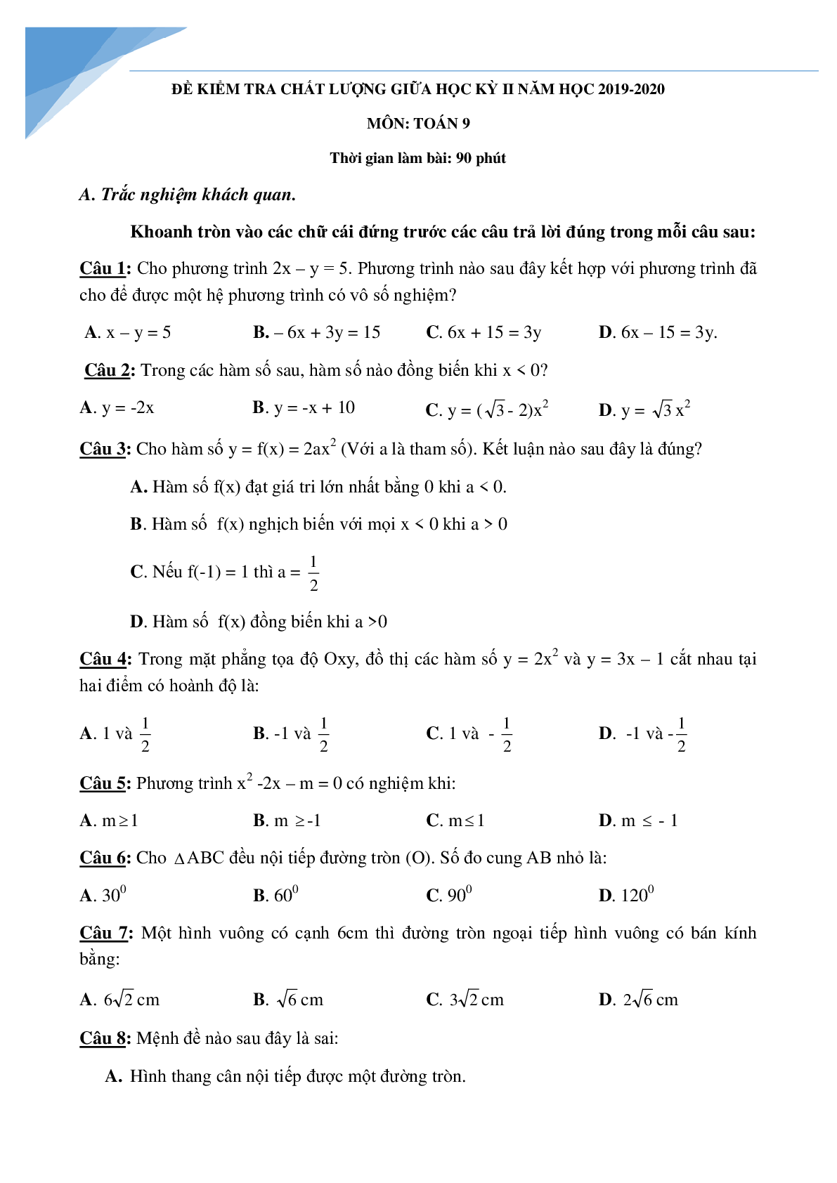 Bộ đề thi giữa kì 2 môn toán lớp 9 (trang 1)