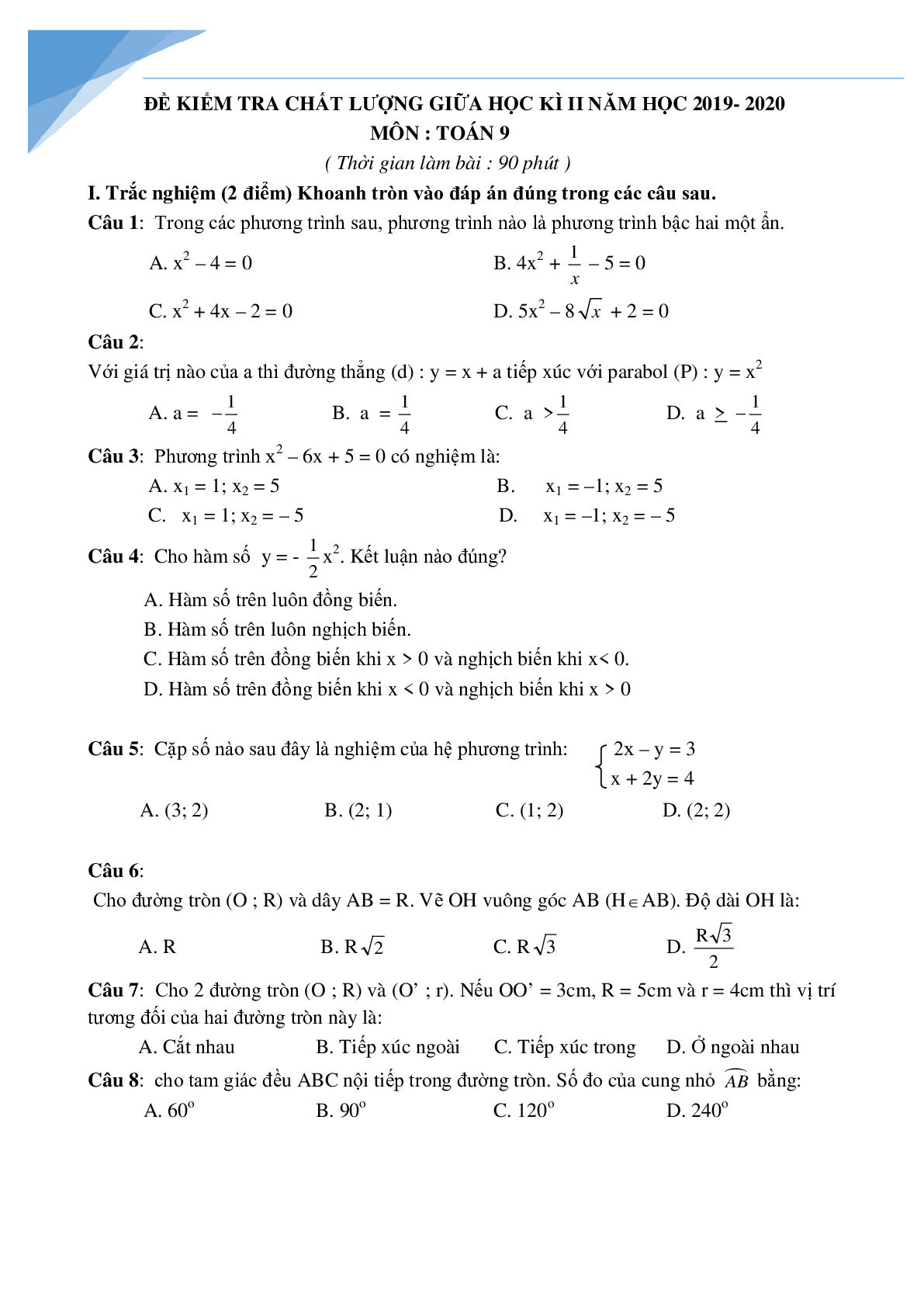 Bộ đề thi giữa kì 2 môn toán lớp 9 (trang 6)