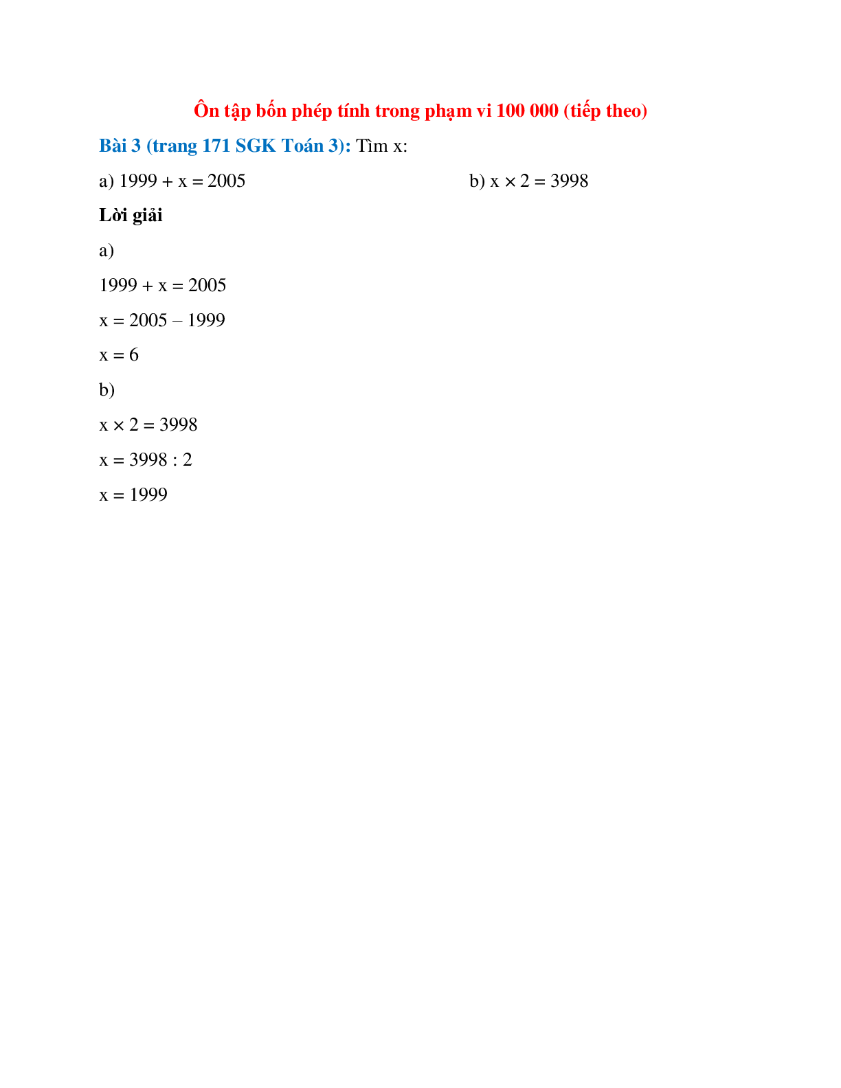 Tìm x: 1999 + x = 2005; x × 2 = 3998 (trang 1)