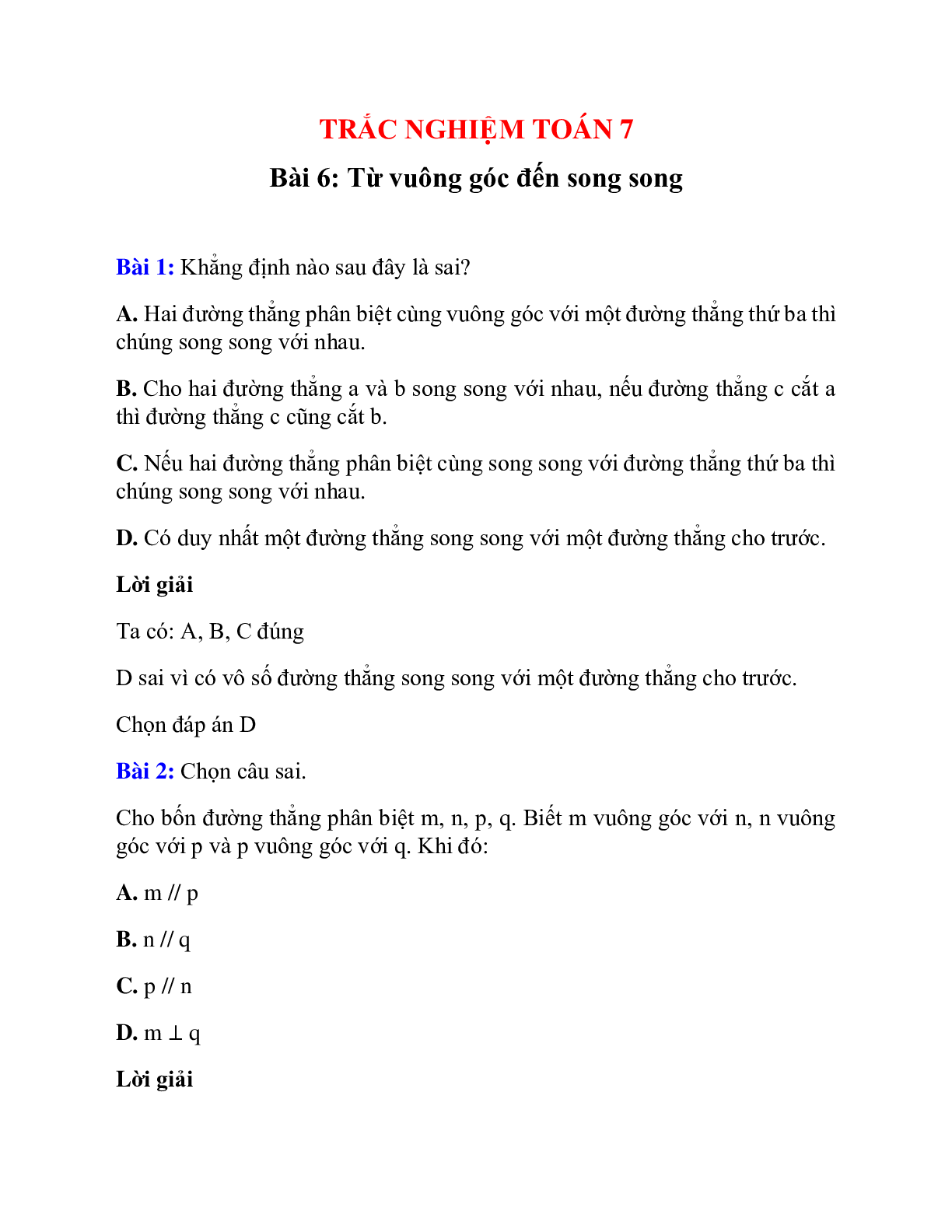Trắc nghiệm Từ vuông góc đến song song có đáp án – Toán lớp 7 (trang 1)