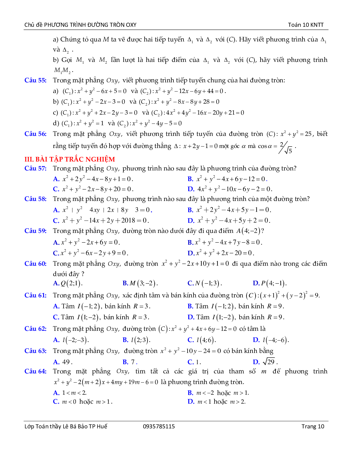 Chủ đề phương trình đường tròn lớp 10 hay, chọn lọc (trang 10)