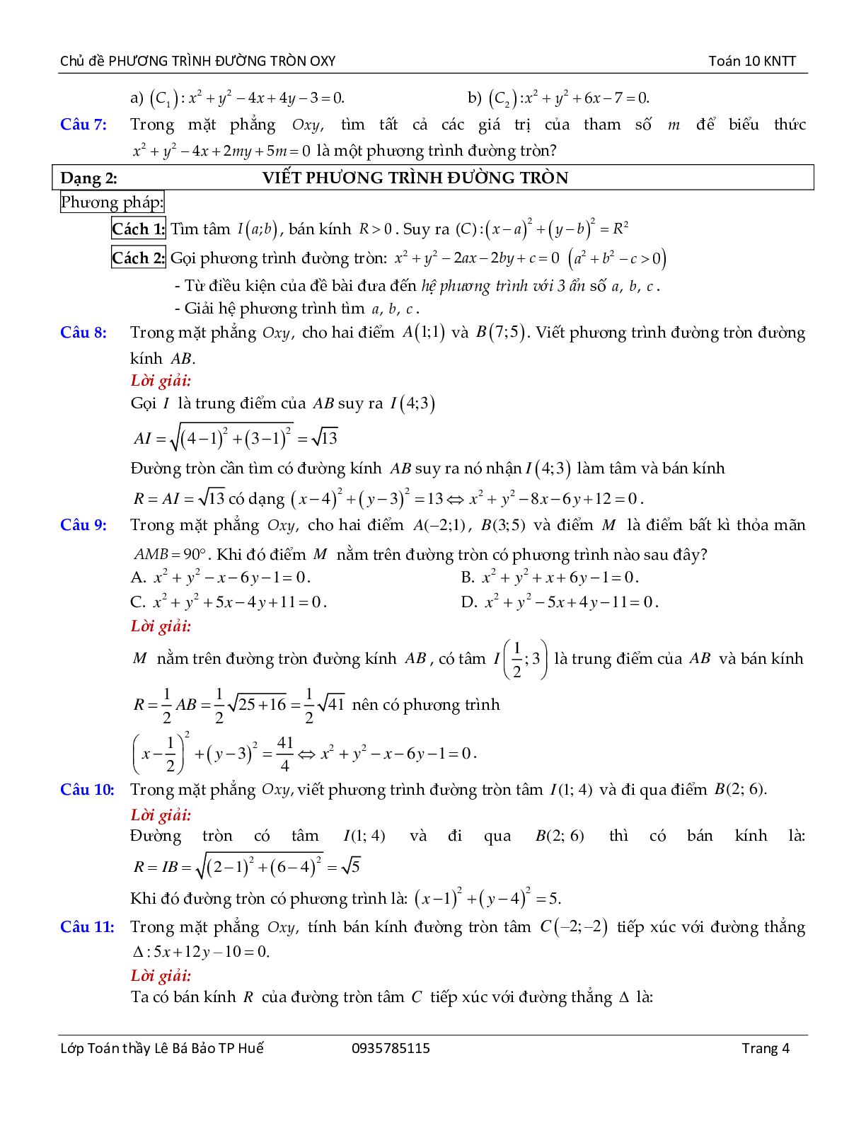 Chủ đề phương trình đường tròn lớp 10 hay, chọn lọc (trang 4)