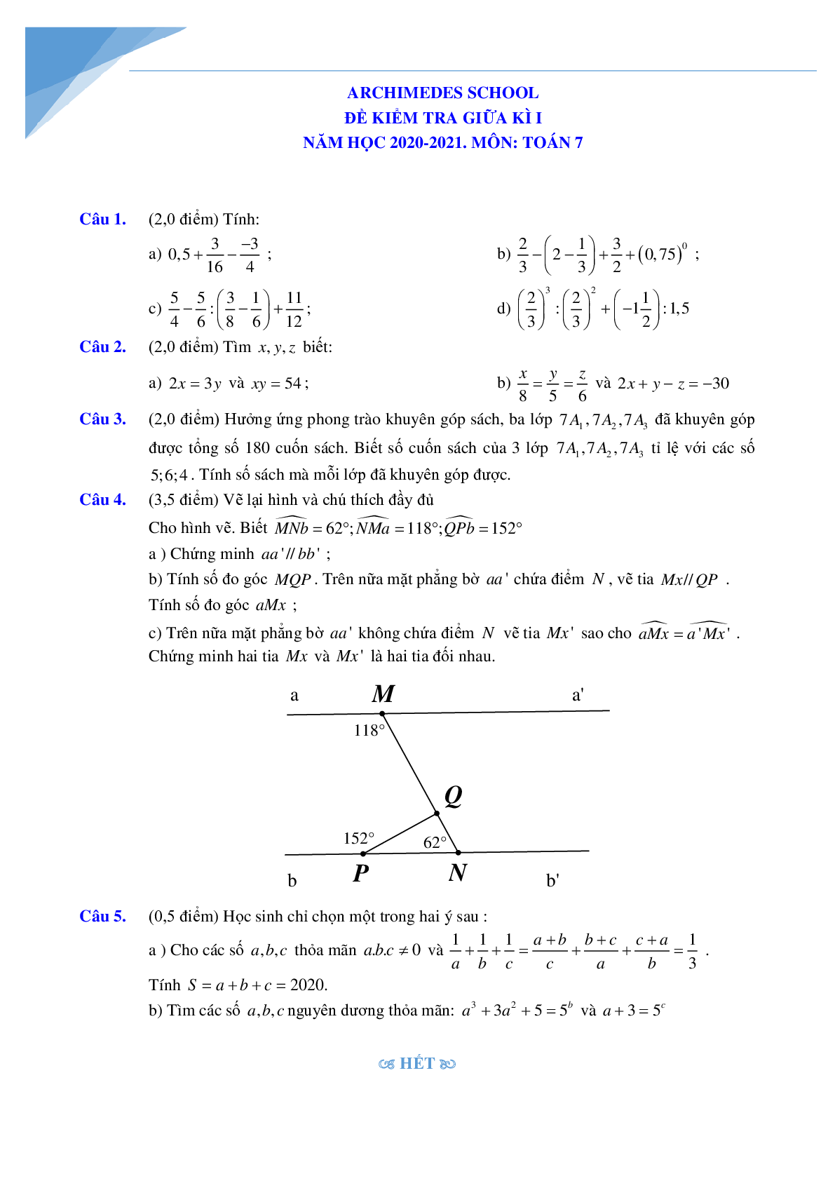 Bộ đề giữa kì 1 môn toán lớp 7 Hà Nội năm 2021 (trang 1)