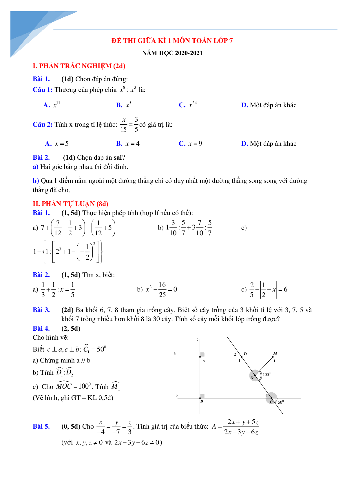 Bộ đề giữa kì 1 môn toán lớp 7 Hà Nội năm 2021 (trang 6)