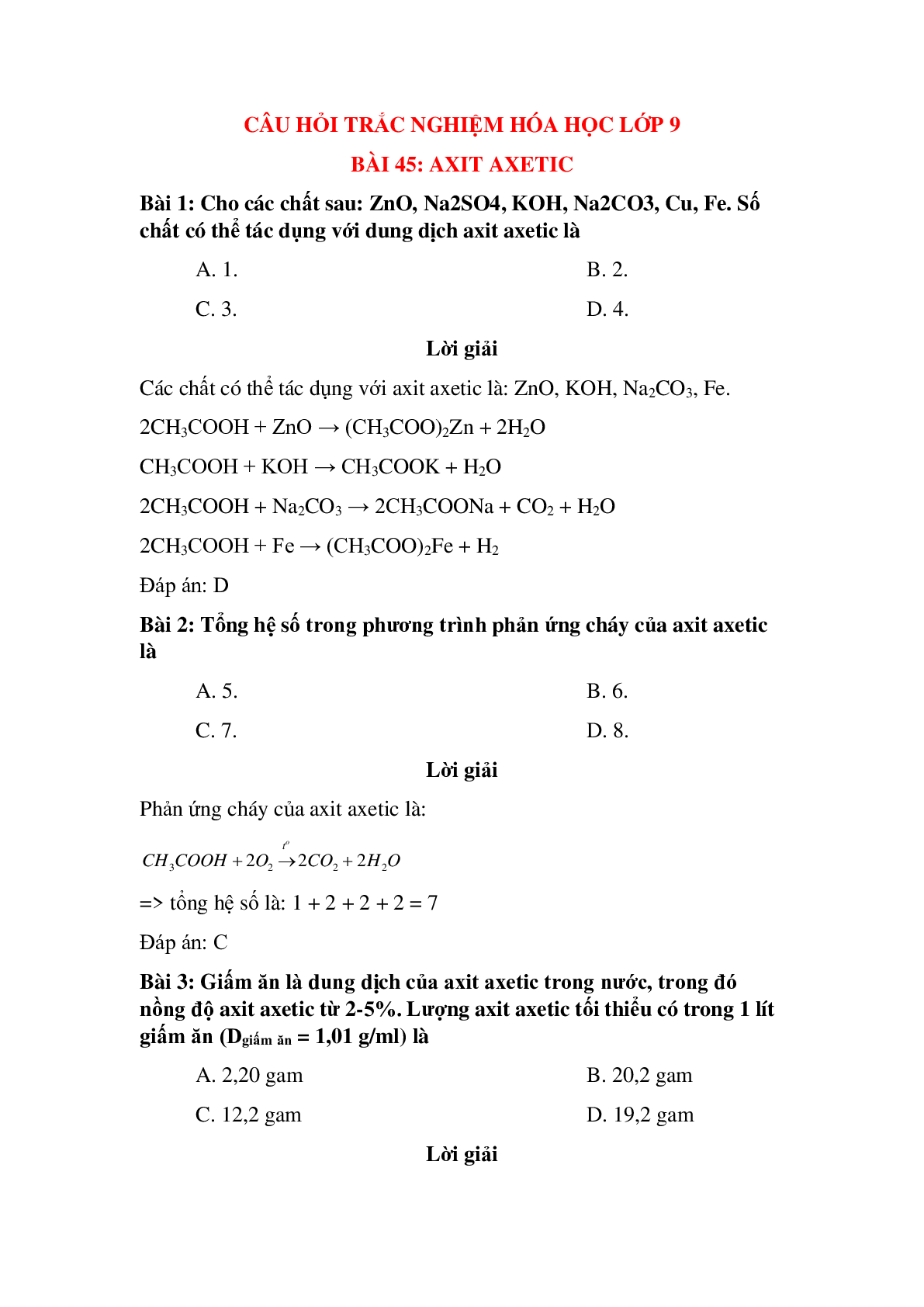 30 câu Trắc nghiệm Axit axetic có đáp án 2023 – Hóa học lớp 9 (trang 1)