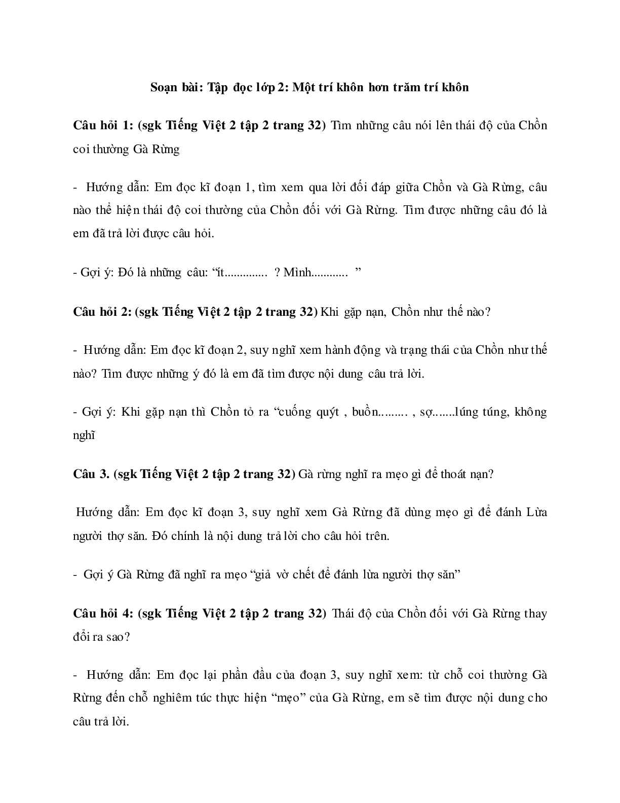 Soạn Tiếng Việt lớp 2: Tập đọc: Một trí khôn hơn trăm trí khôn mới nhất (trang 1)