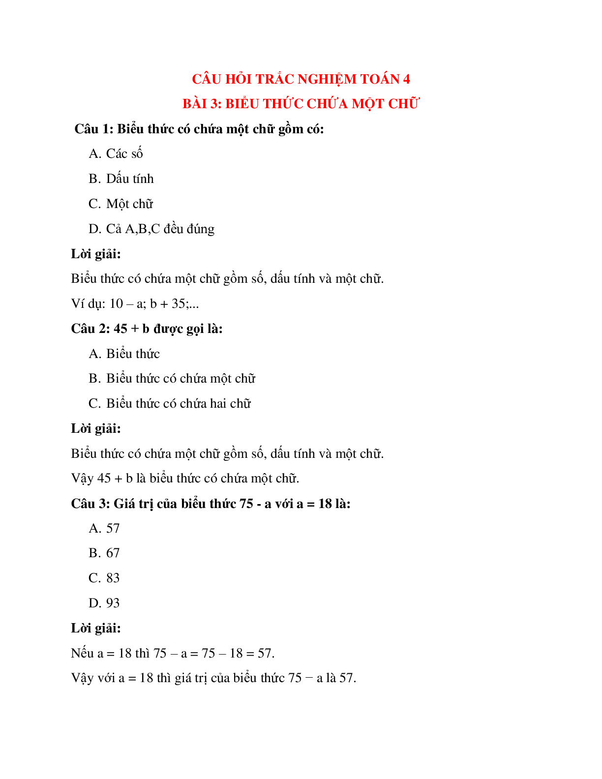 20 câu Trắc nghiệm Biểu thức có chứa một chữ có đáp án 2023 – Toán lớp 4 (trang 1)