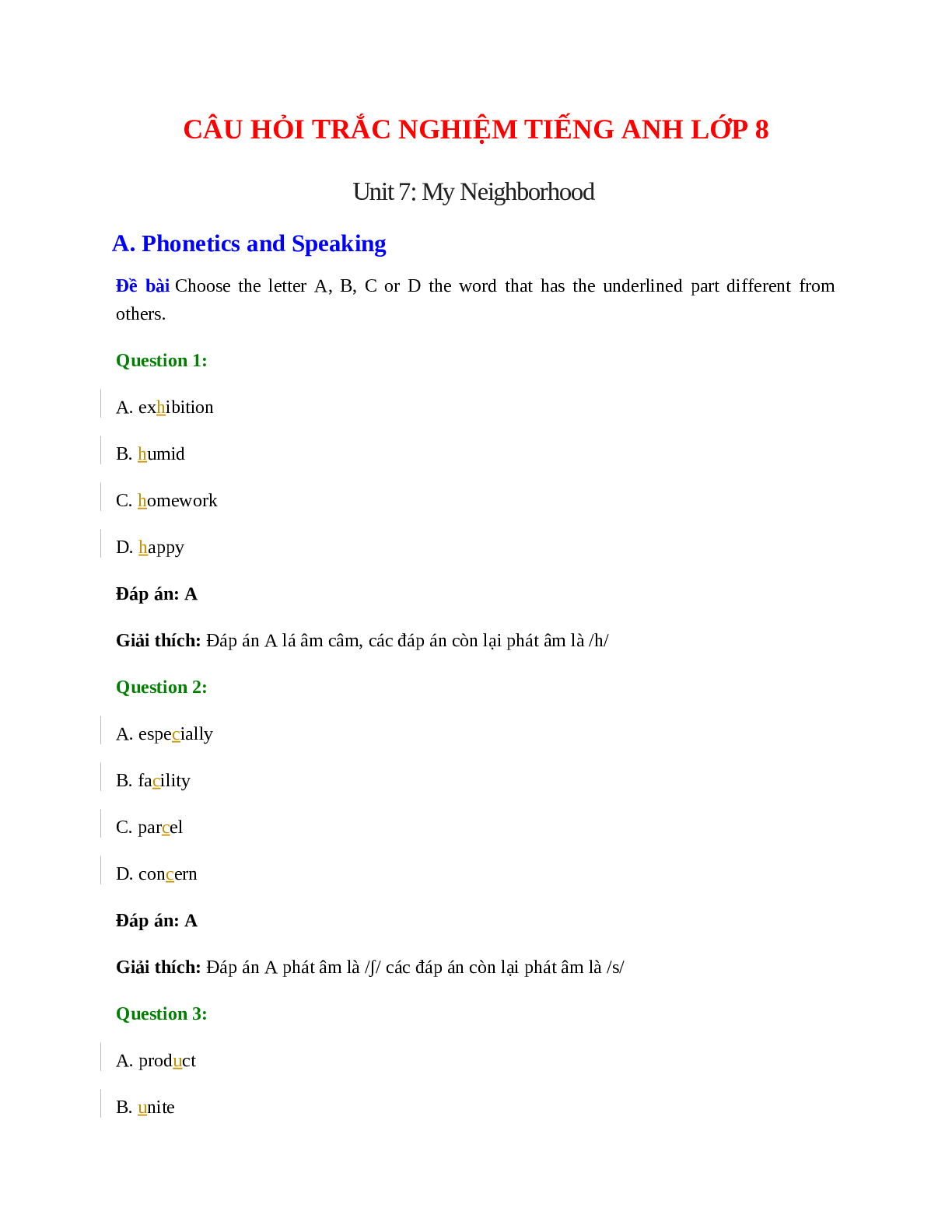 60 câu Trắc nghiệm Tiếng Anh 8 Unit 7 có đáp án 2023: My Neighborhood (trang 1)