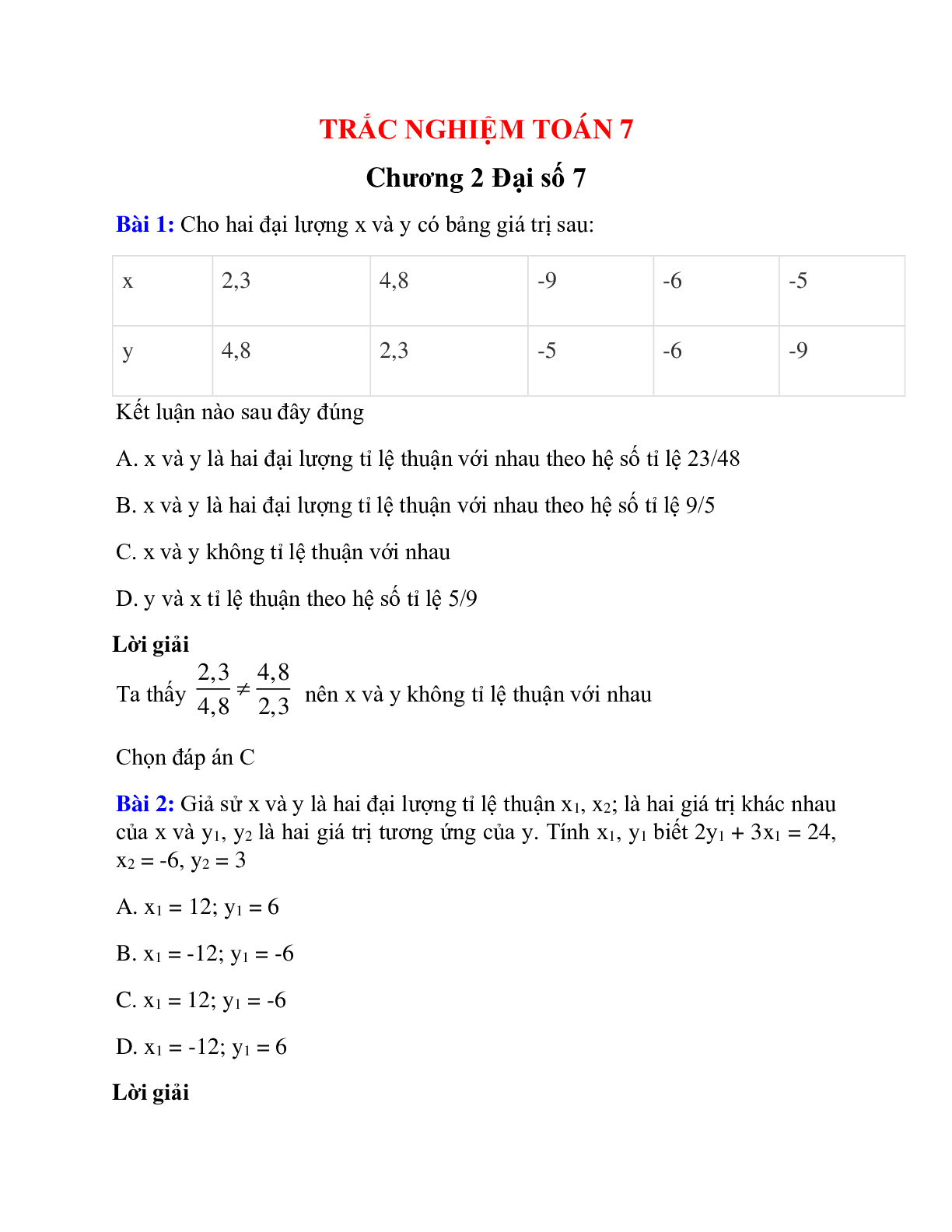 Trắc nghiệm Chương 2 Đại số có đáp án – Toán lớp 7 (trang 1)
