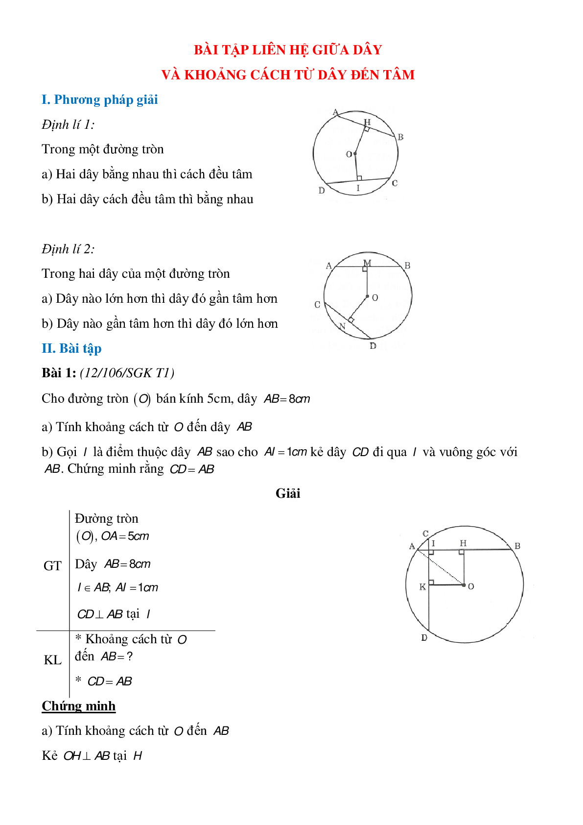 50 Bài tập Liên hệ giữa dây và khoảng cách từ tâm đến dây (có đáp án)- Toán 9 (trang 1)