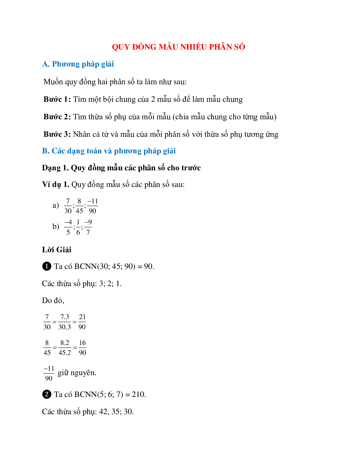 Bài tập về quy đồng mẫu nhiều phân số có lời giải (trang 1)