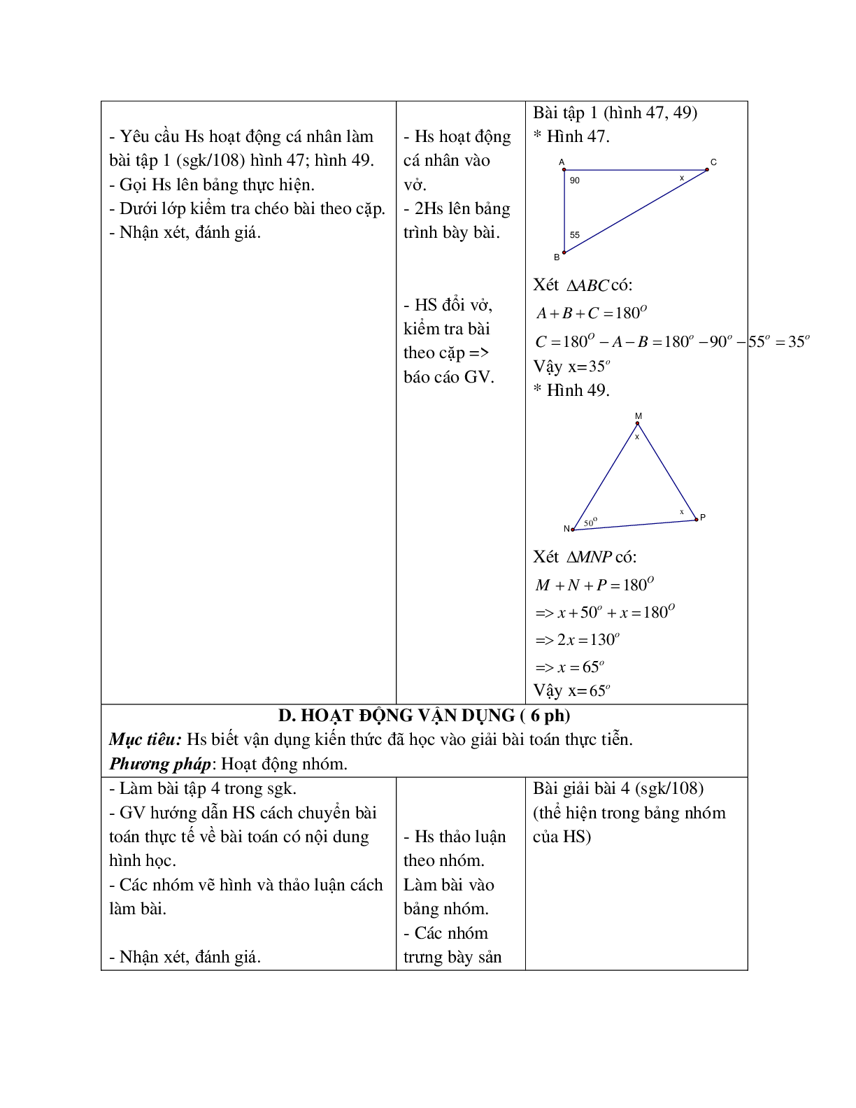 Giáo án Toán học 7 bài 1: Tổng ba góc của một tam giác hay nhất (trang 4)