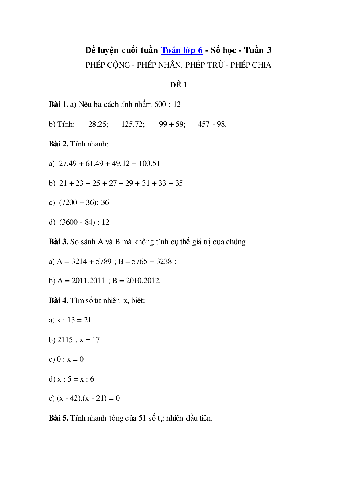 Bài tập cuối tuần Số học Toán lớp 6 tuần 3 có đáp án (trang 1)