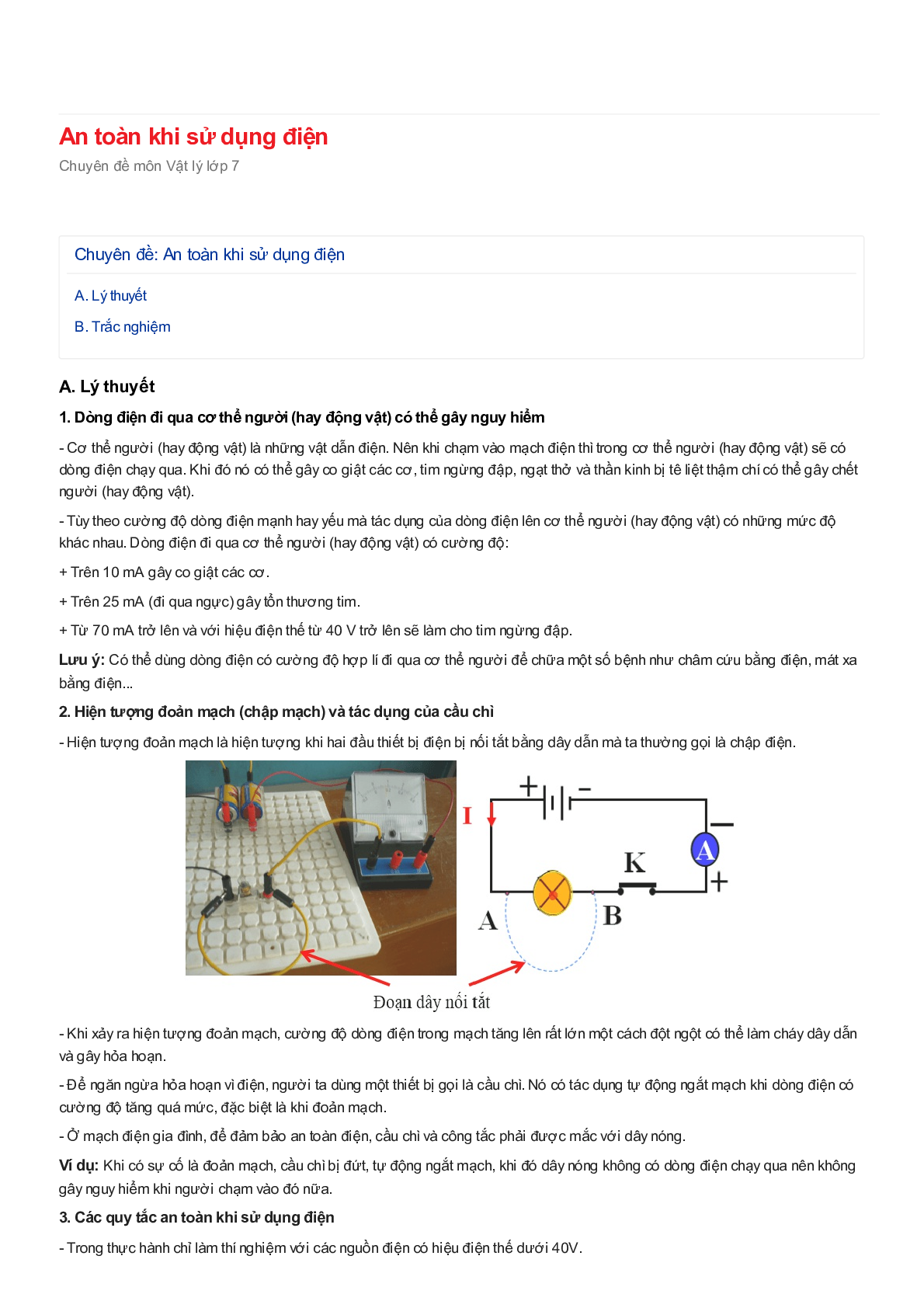 Chuyên đề Vật lý 7: An toàn khi sử dụng điện (trang 1)