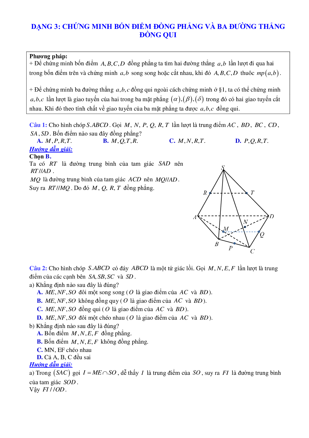 Phương pháp giải và bài tập về Cách chứng minh bốn điểm đồng phẳng và ba đường thẳng đồng qui (trang 1)