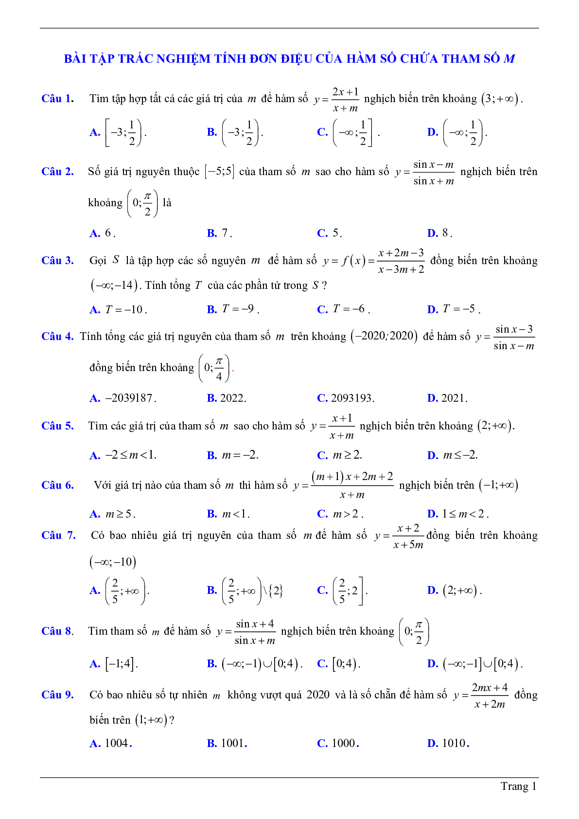 50 Bài tập trắc nghiệm về tính đơn điệu của hàm số chứa tham số m có đáp án 2023 (trang 1)