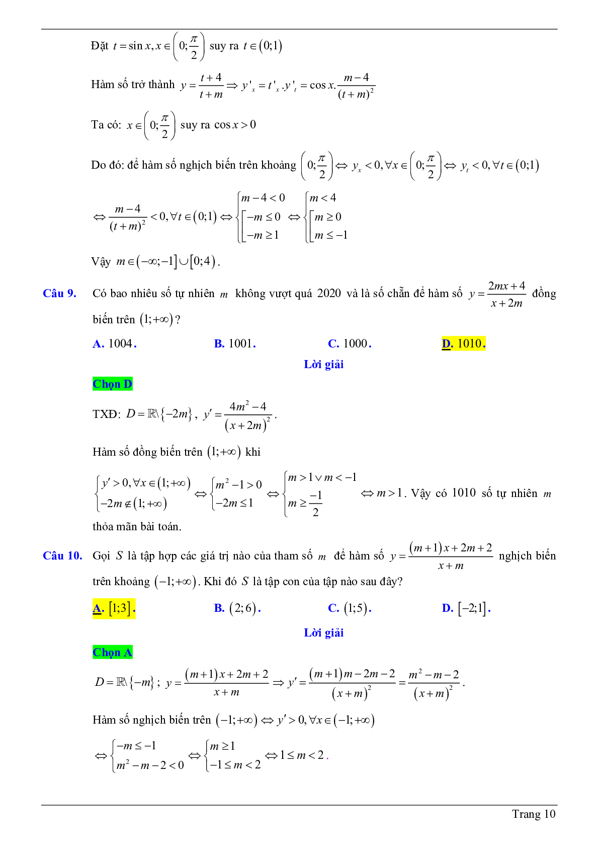 50 Bài tập trắc nghiệm về tính đơn điệu của hàm số chứa tham số m có đáp án 2023 (trang 10)