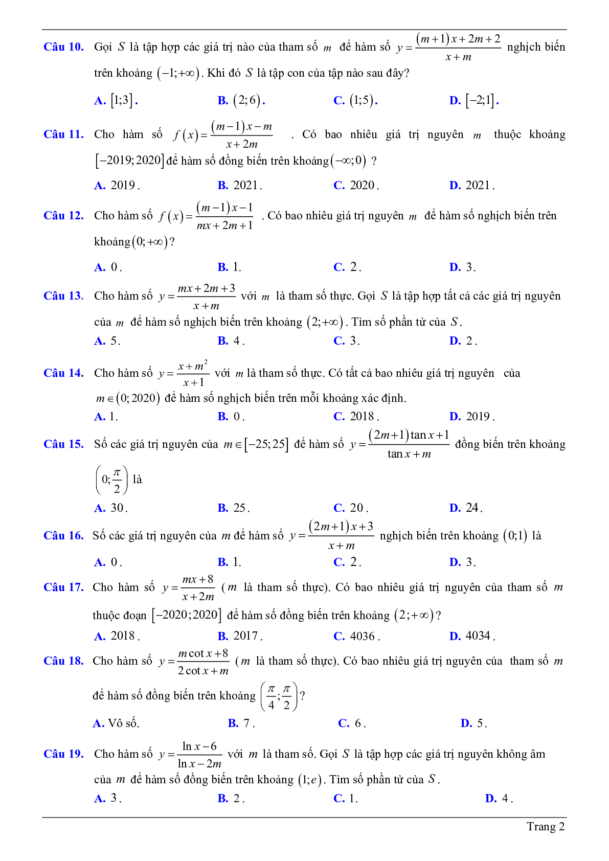 50 Bài tập trắc nghiệm về tính đơn điệu của hàm số chứa tham số m có đáp án 2023 (trang 2)