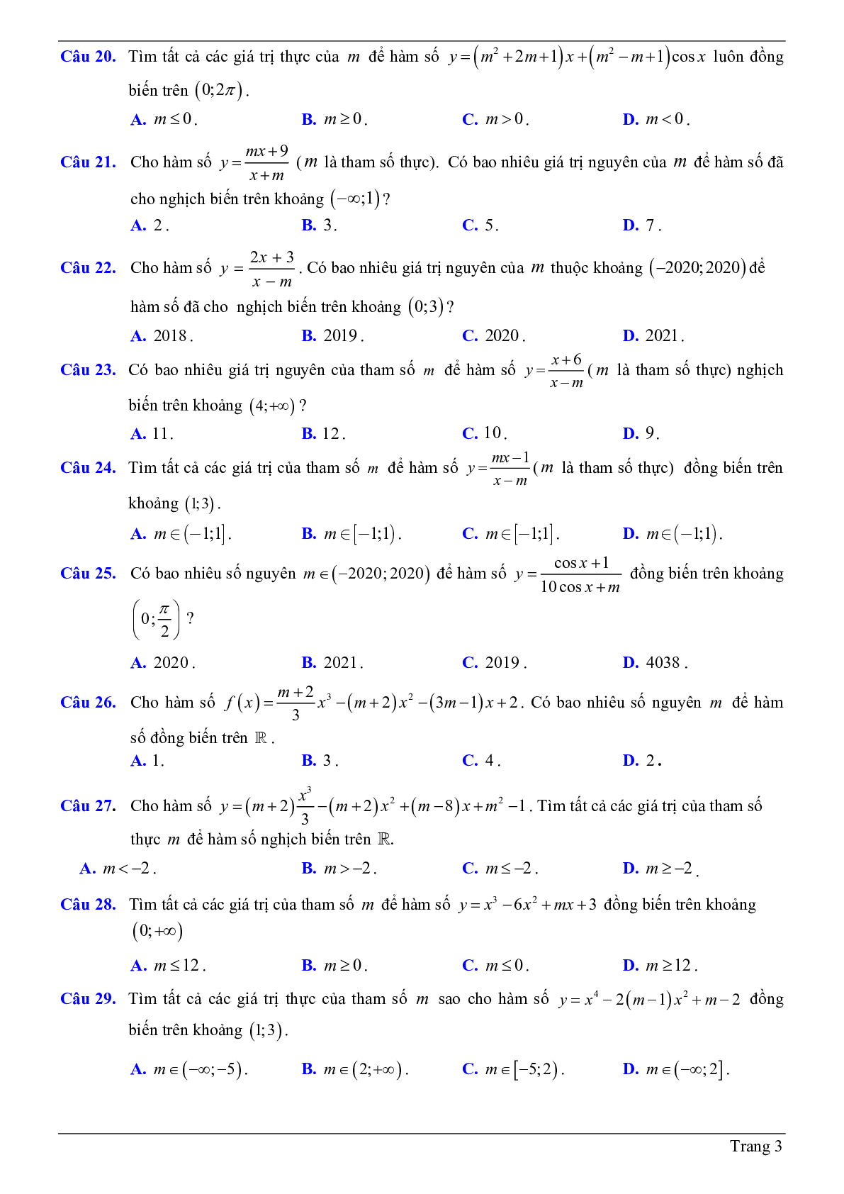 50 Bài tập trắc nghiệm về tính đơn điệu của hàm số chứa tham số m có đáp án 2023 (trang 3)