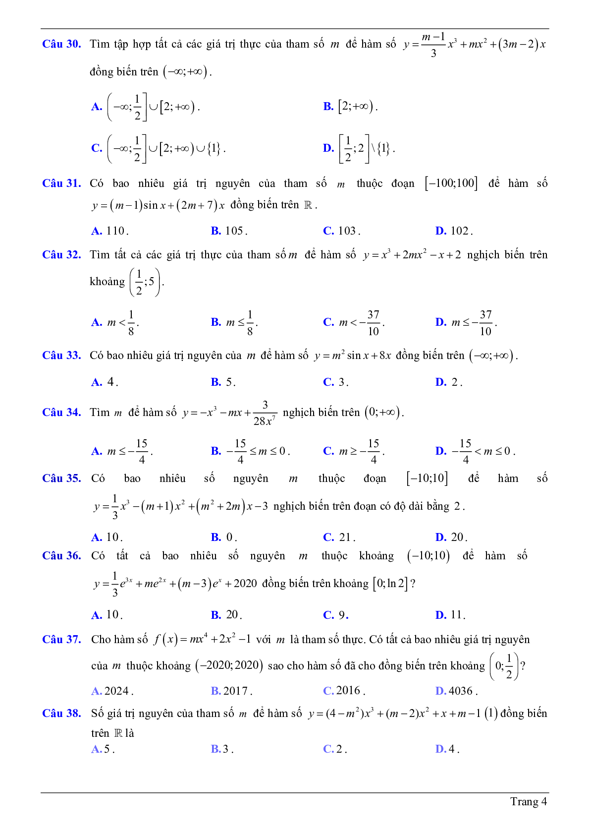 50 Bài tập trắc nghiệm về tính đơn điệu của hàm số chứa tham số m có đáp án 2023 (trang 4)