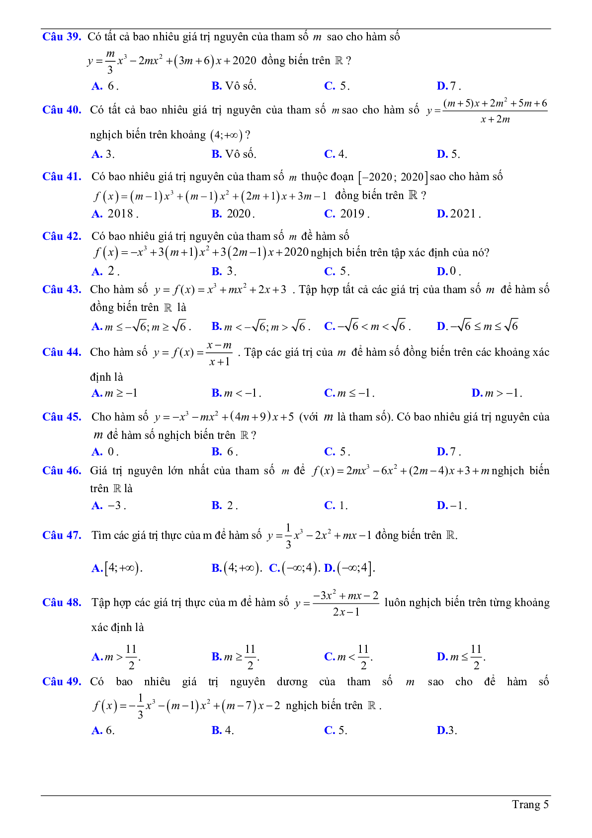 50 Bài tập trắc nghiệm về tính đơn điệu của hàm số chứa tham số m có đáp án 2023 (trang 5)