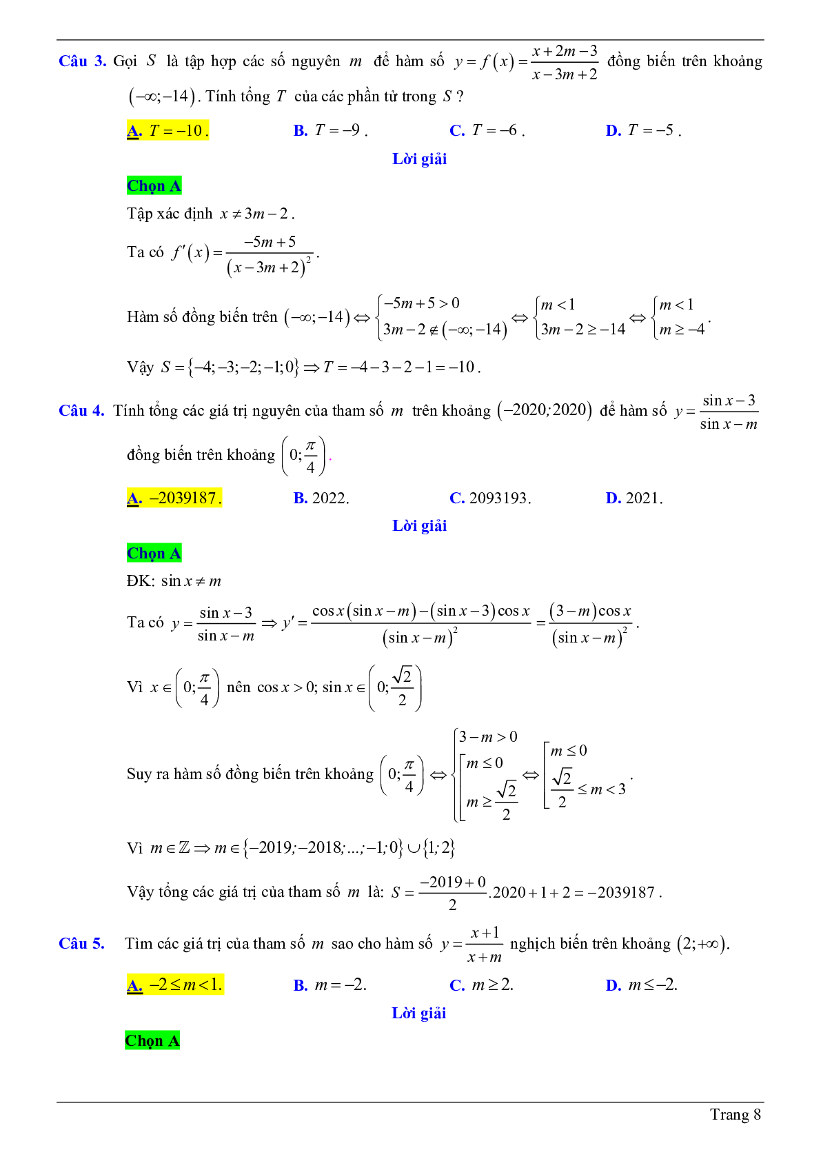 50 Bài tập trắc nghiệm về tính đơn điệu của hàm số chứa tham số m có đáp án 2023 (trang 8)