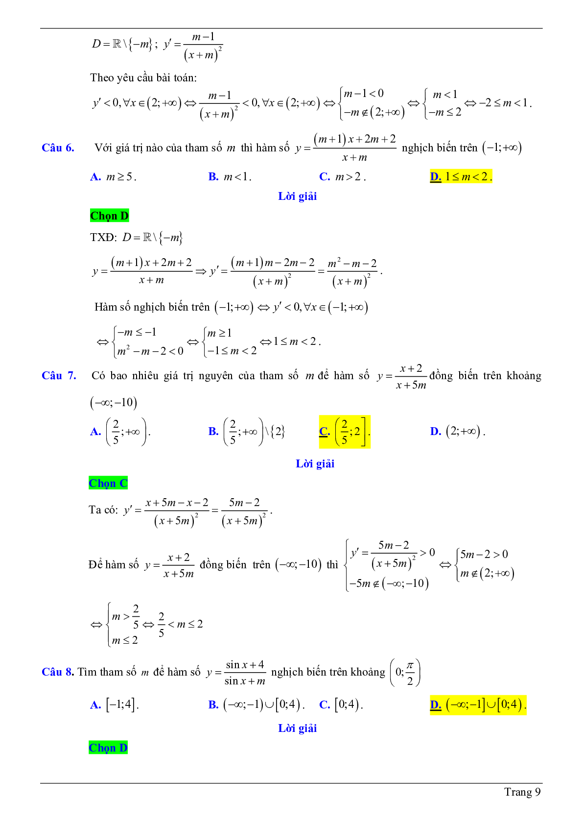 50 Bài tập trắc nghiệm về tính đơn điệu của hàm số chứa tham số m có đáp án 2023 (trang 9)
