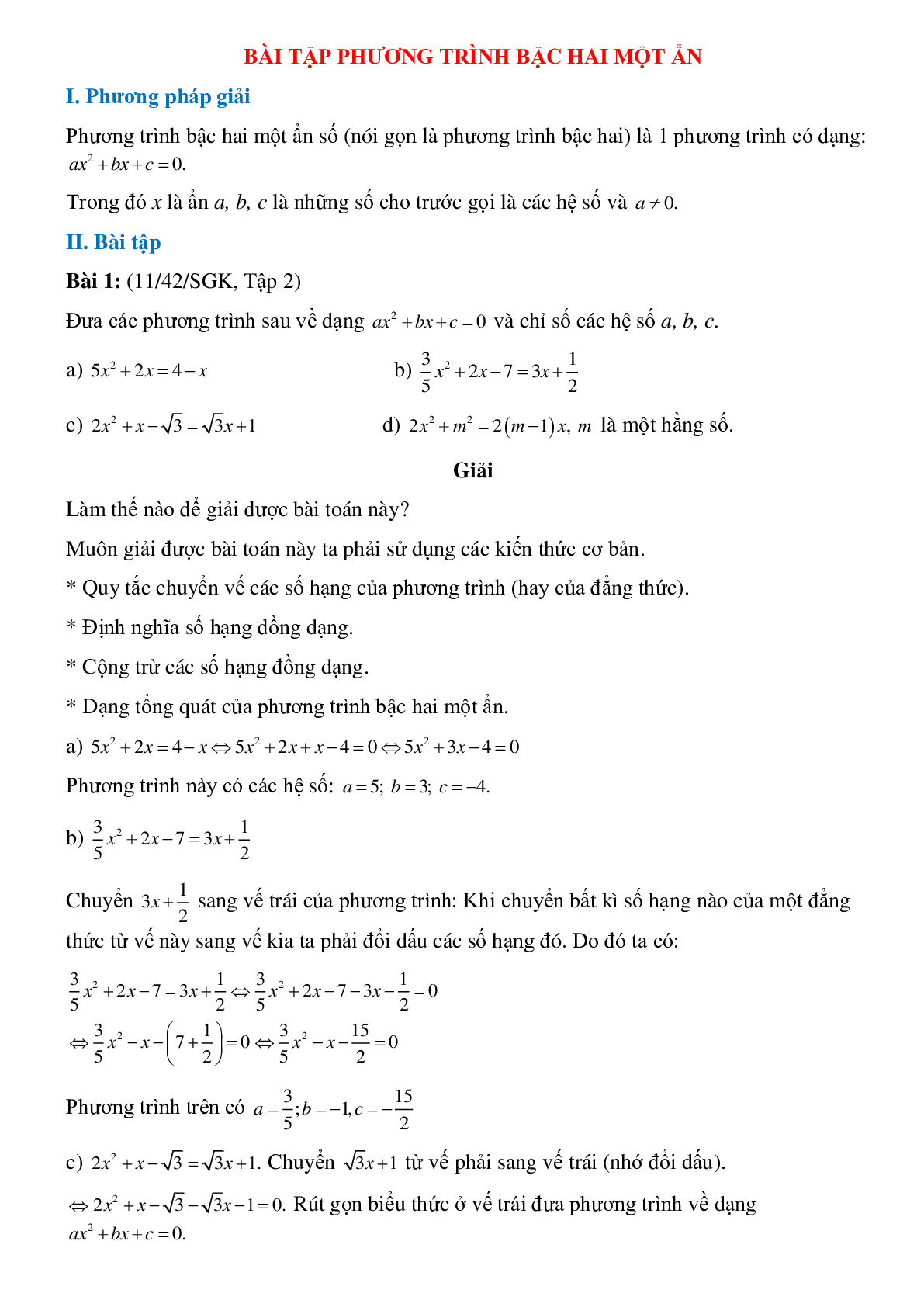 50 Bài tập Phương trình bậc hai một ẩn (có đáp án)- Toán 9 (trang 1)