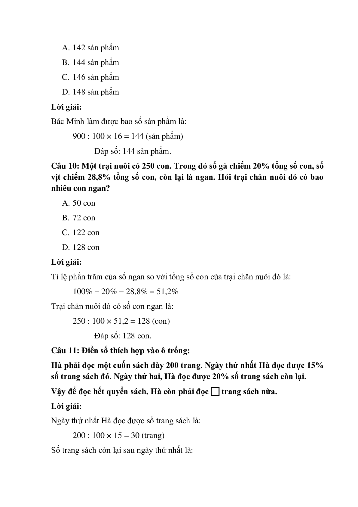 14 câu Trắc nghiệm Giải toán về tỉ số phần trăm - Tìm giá trị phần trăm của một số có đáp án 2023 – Toán lớp 5 (trang 4)