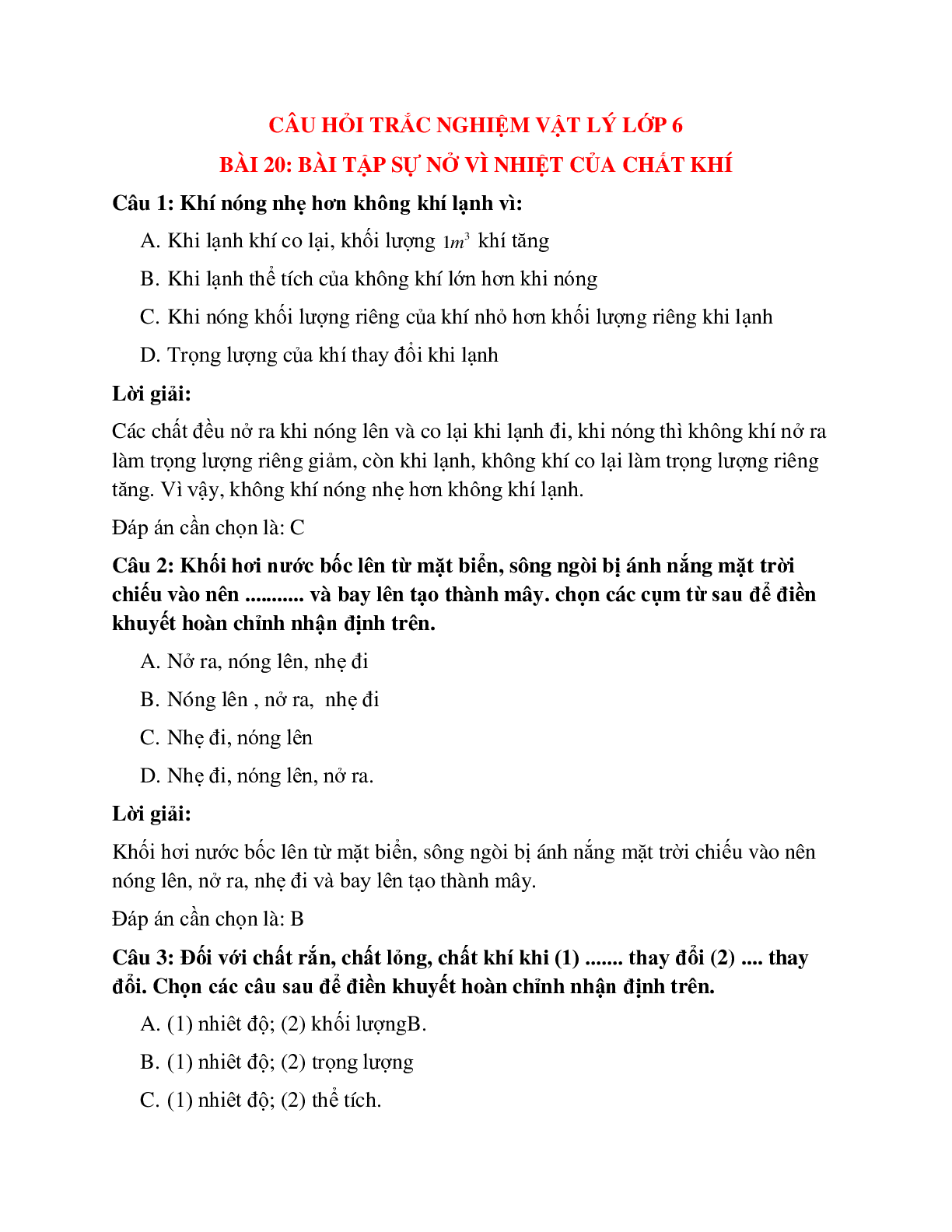 Trắc nghiệm Vật lý 6 Bài 20 có đáp án: Bài tập Sự nở vì nhiệt của chất khí (trang 1)