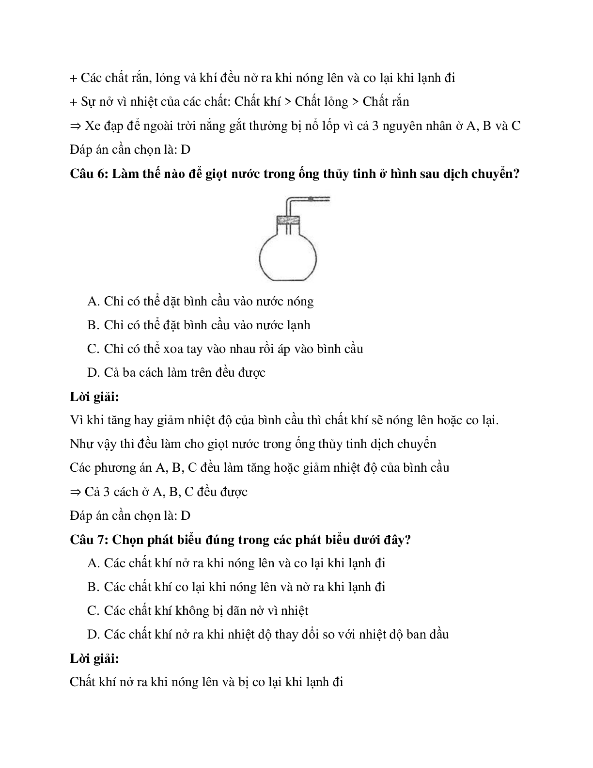 Trắc nghiệm Vật lý 6 Bài 20 có đáp án: Bài tập Sự nở vì nhiệt của chất khí (trang 3)