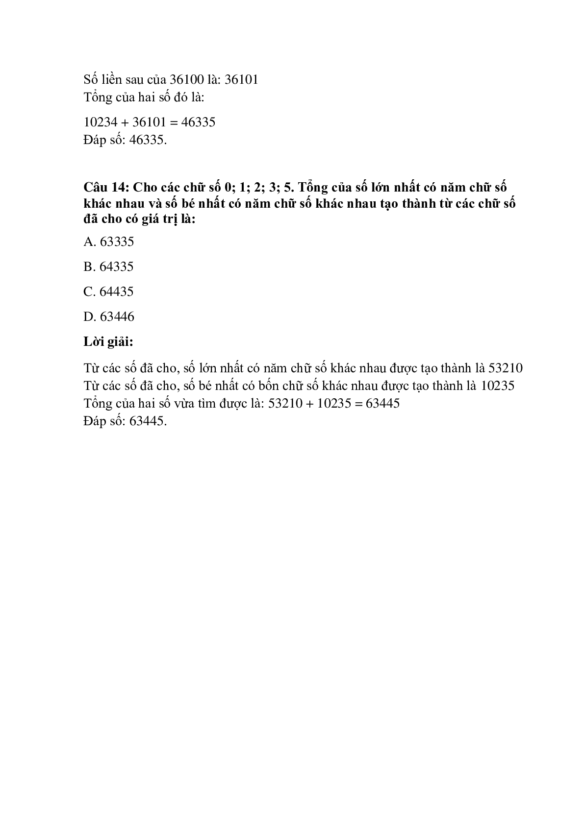 Trắc nghiệm Phép cộng các số trong phạm vi 100 000 có đáp án – Toán lớp 3 (trang 6)