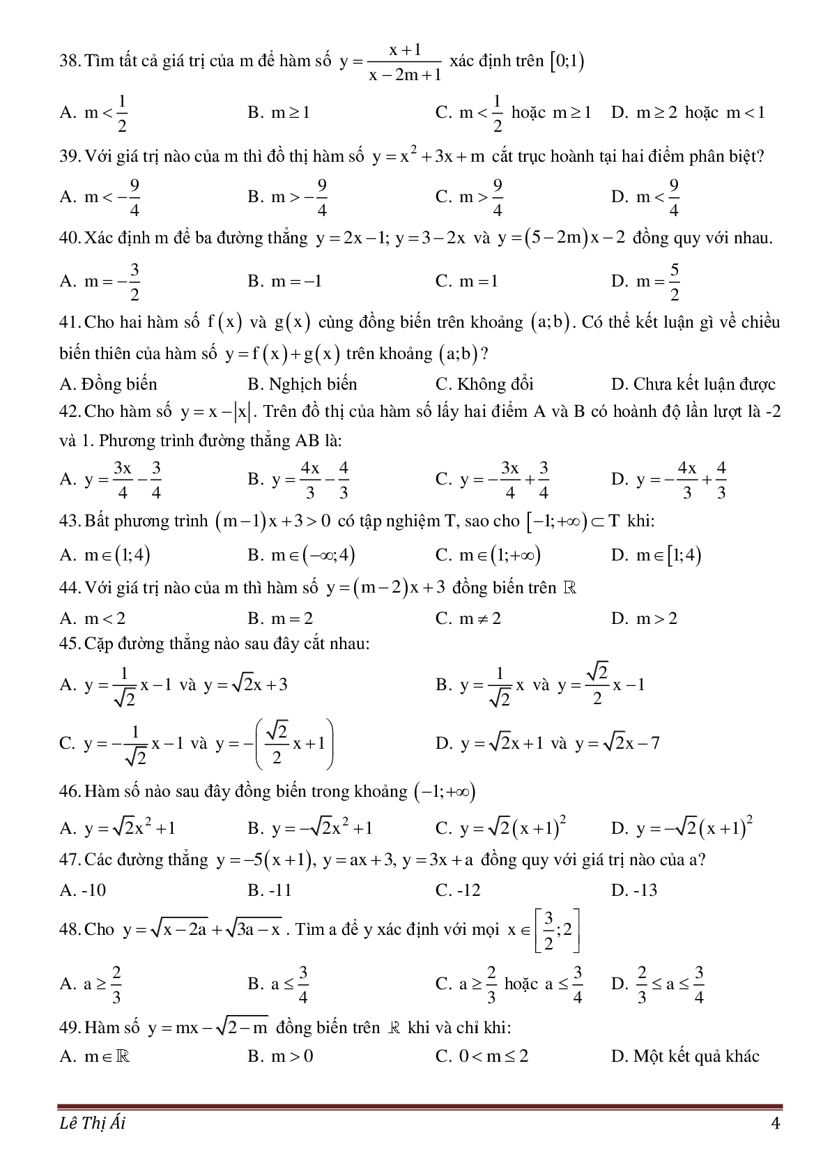 50 câu trắc nghiệm về đồ thị hàm số (trang 4)