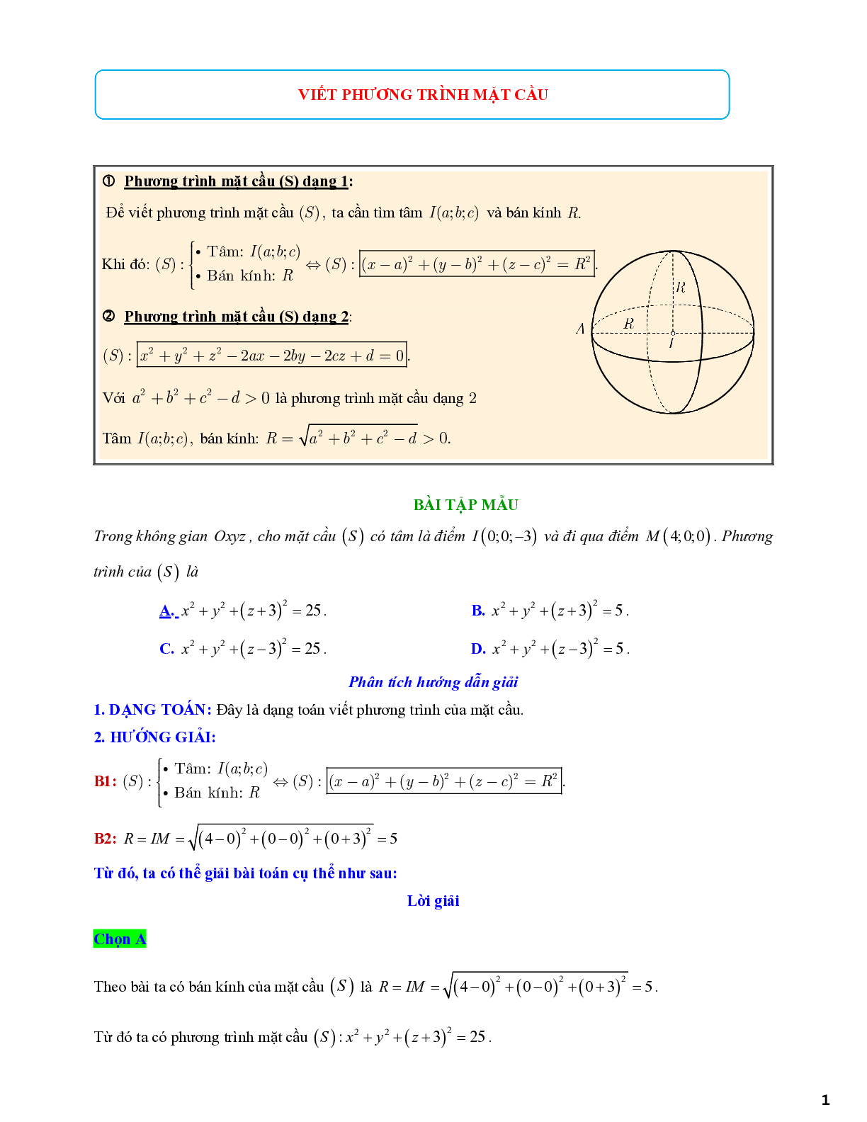 Lý thuyết và bài tập về viết phương trình mặt cầu - có đáp án chi tiết (trang 1)