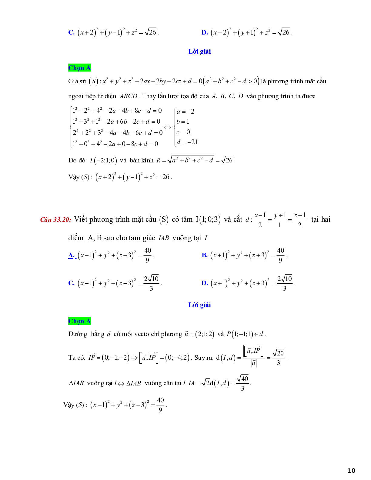 Lý thuyết và bài tập về viết phương trình mặt cầu - có đáp án chi tiết (trang 10)