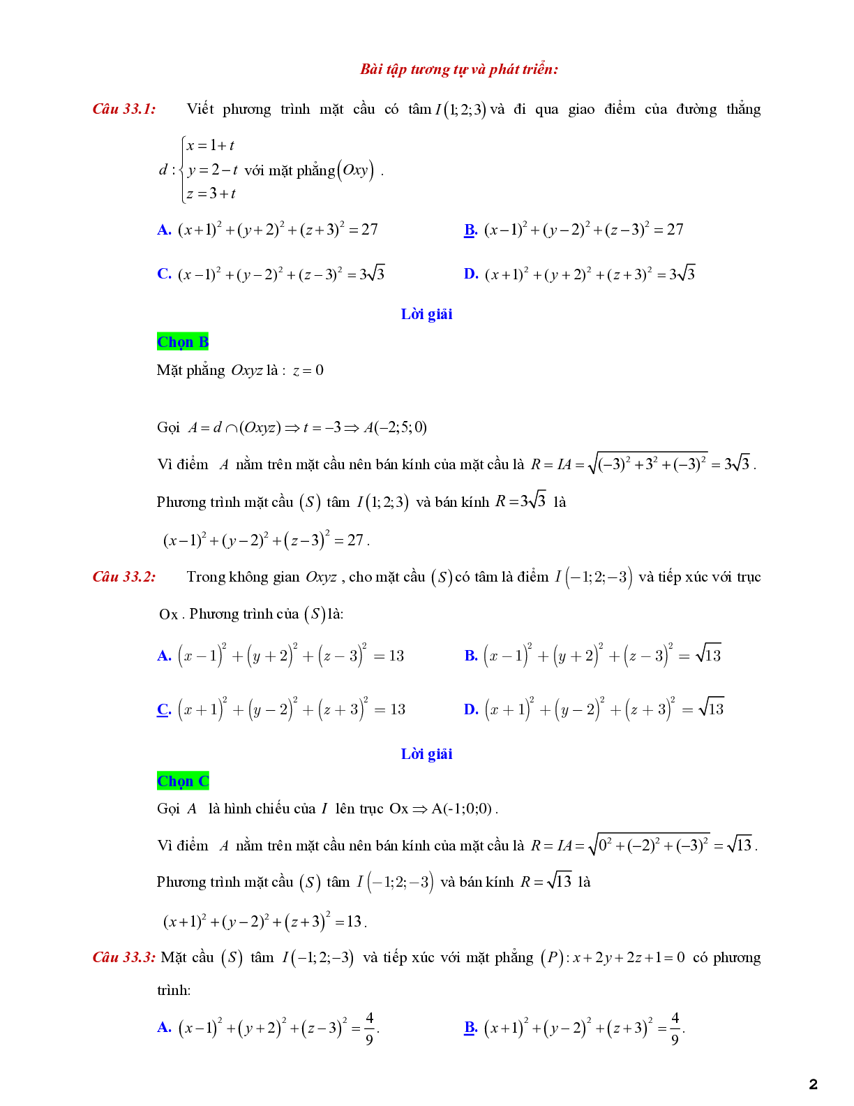 Lý thuyết và bài tập về viết phương trình mặt cầu - có đáp án chi tiết (trang 2)