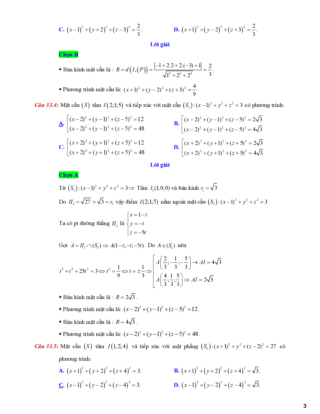 Lý thuyết và bài tập về viết phương trình mặt cầu - có đáp án chi tiết (trang 3)