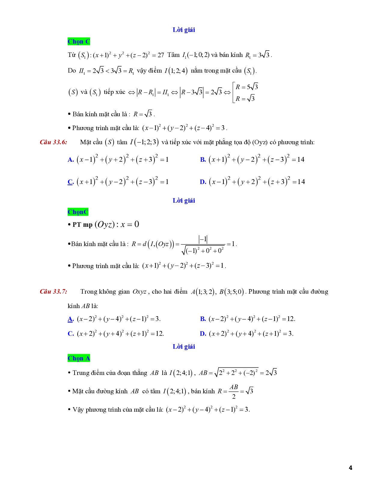 Lý thuyết và bài tập về viết phương trình mặt cầu - có đáp án chi tiết (trang 4)