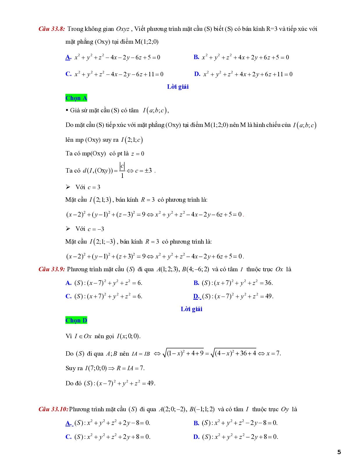 Lý thuyết và bài tập về viết phương trình mặt cầu - có đáp án chi tiết (trang 5)
