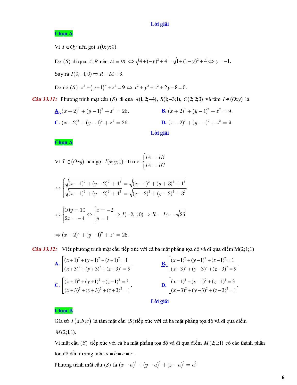 Lý thuyết và bài tập về viết phương trình mặt cầu - có đáp án chi tiết (trang 6)