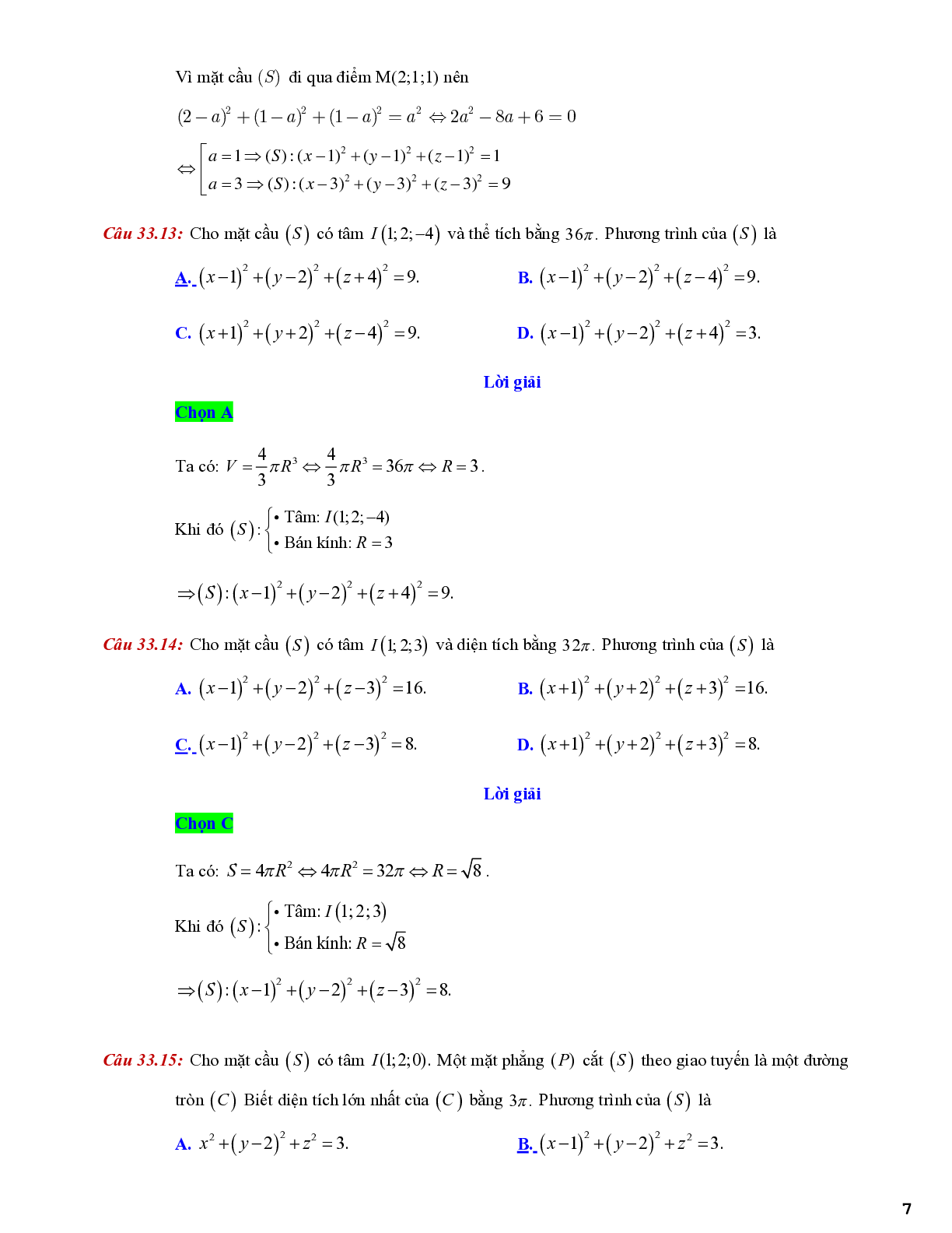 Lý thuyết và bài tập về viết phương trình mặt cầu - có đáp án chi tiết (trang 7)