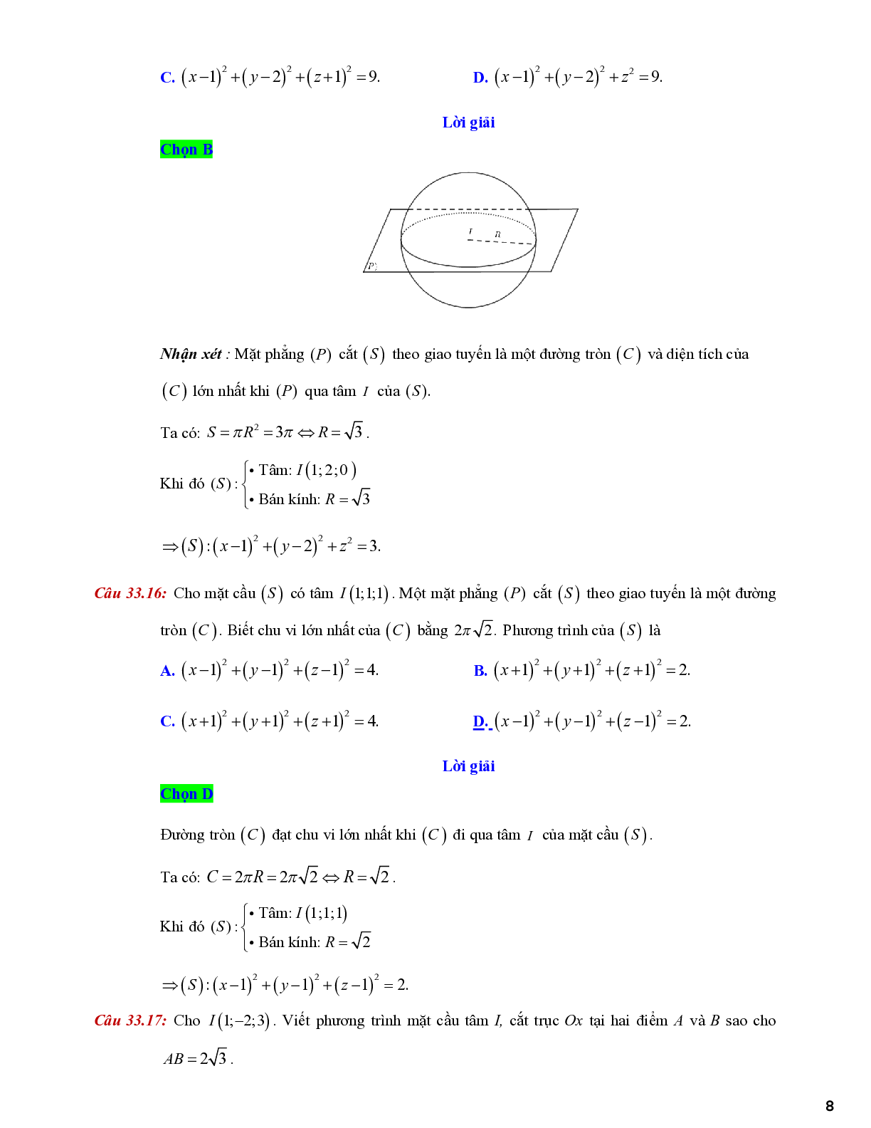 Lý thuyết và bài tập về viết phương trình mặt cầu - có đáp án chi tiết (trang 8)