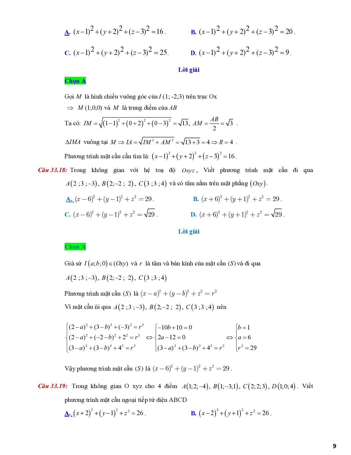 Lý thuyết và bài tập về viết phương trình mặt cầu - có đáp án chi tiết (trang 9)