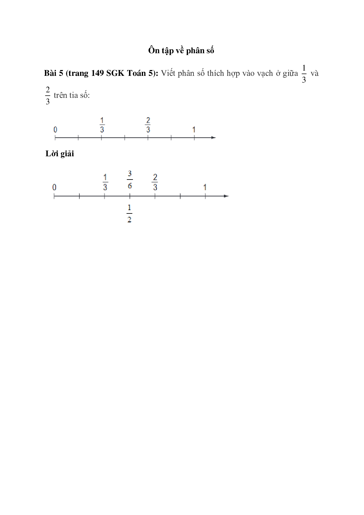 Viết phân số thích hợp vào vạch ở giữa 1/3 và 2/3 trên tia số (trang 1)