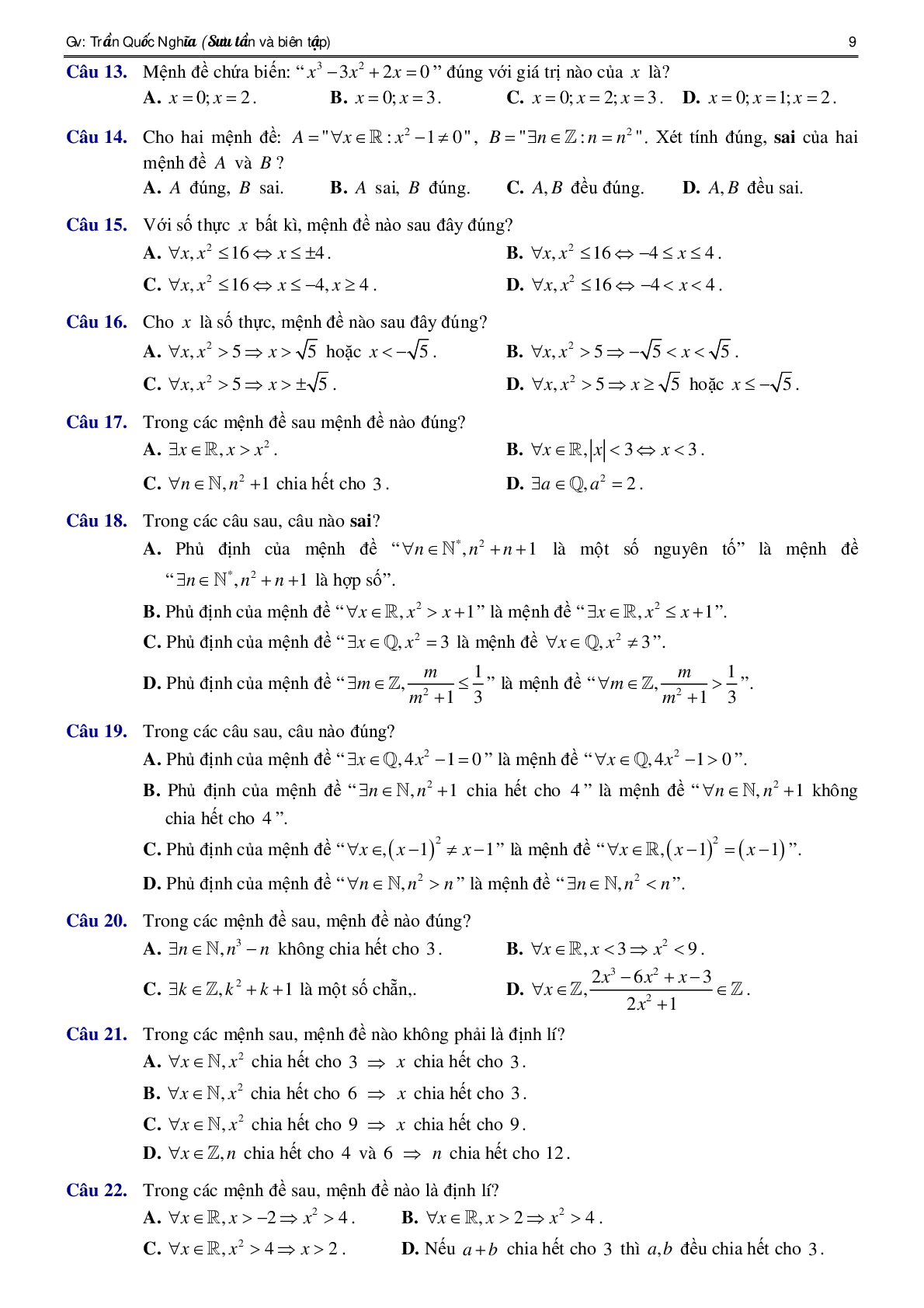 Lý thuyết, bài tập về Mệnh đề và Tập hợp có đáp án (trang 10)