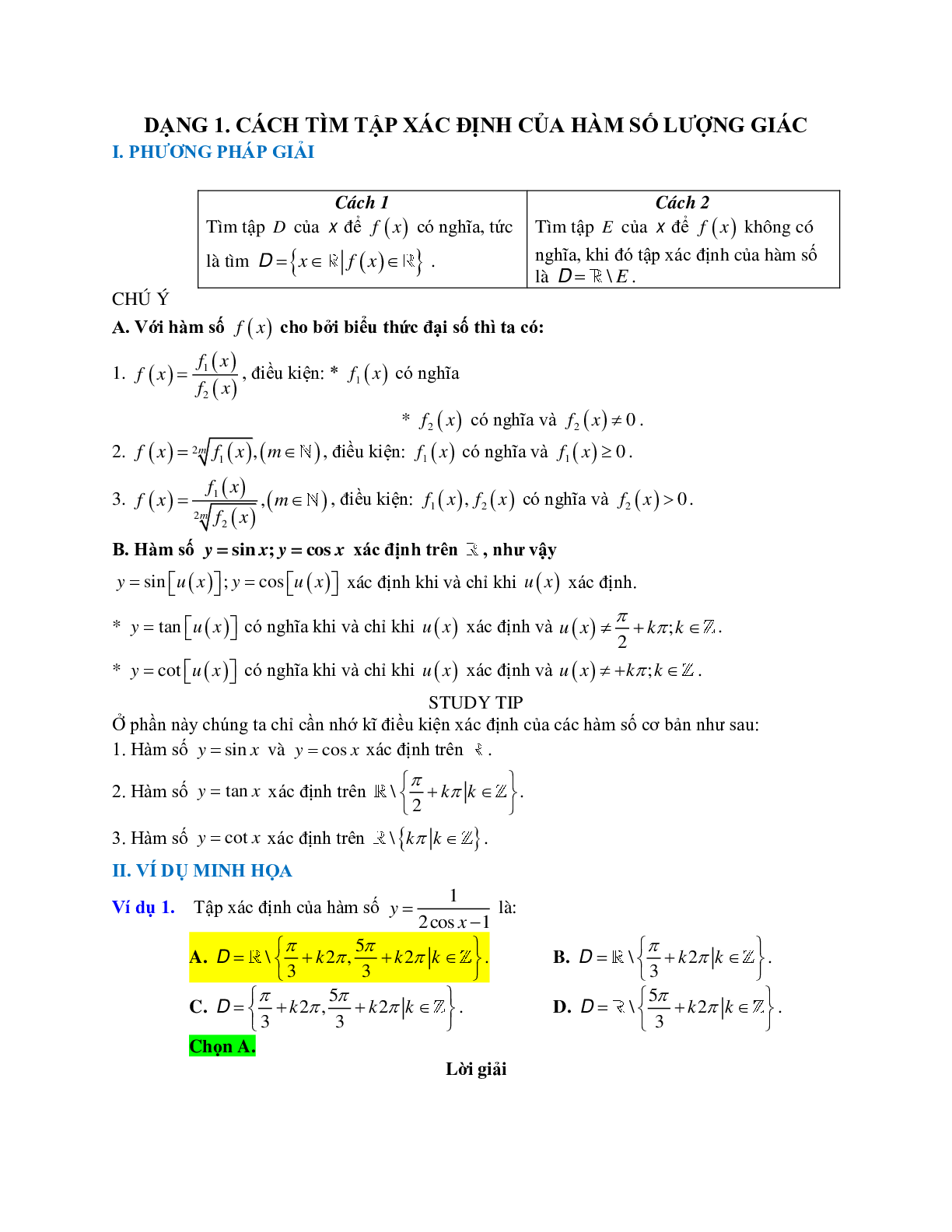 Cách tìm tập xác định của hàm số lượng giác (trang 1)